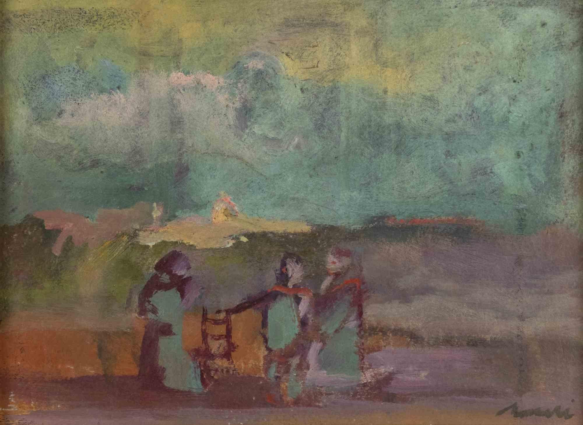 Figures - Oil Painting by Mino Maccari - Mid-20th Century For Sale 2