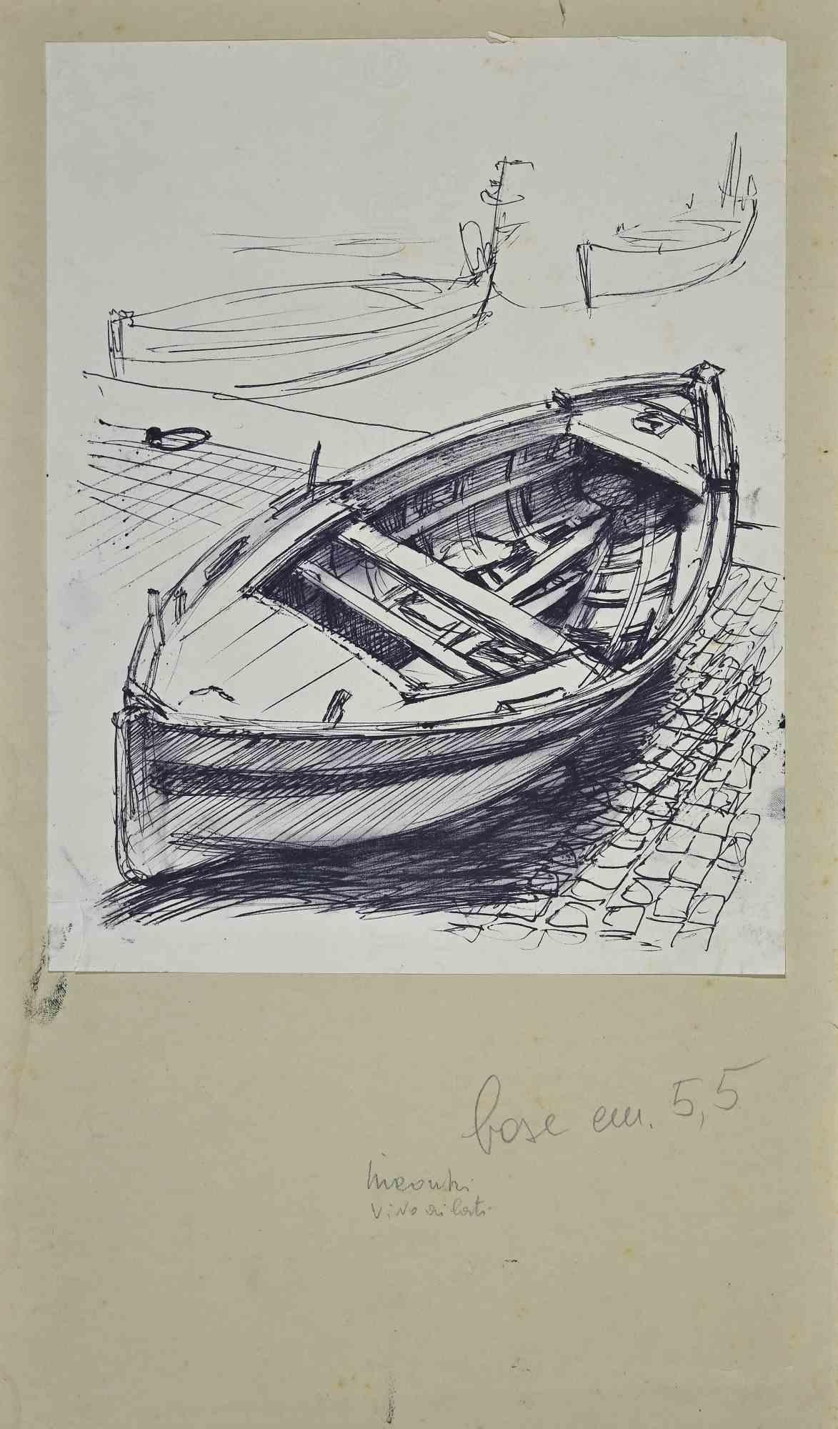 Unknown Figurative Art - Boat - Original Drawing -  Mid-20th Century
