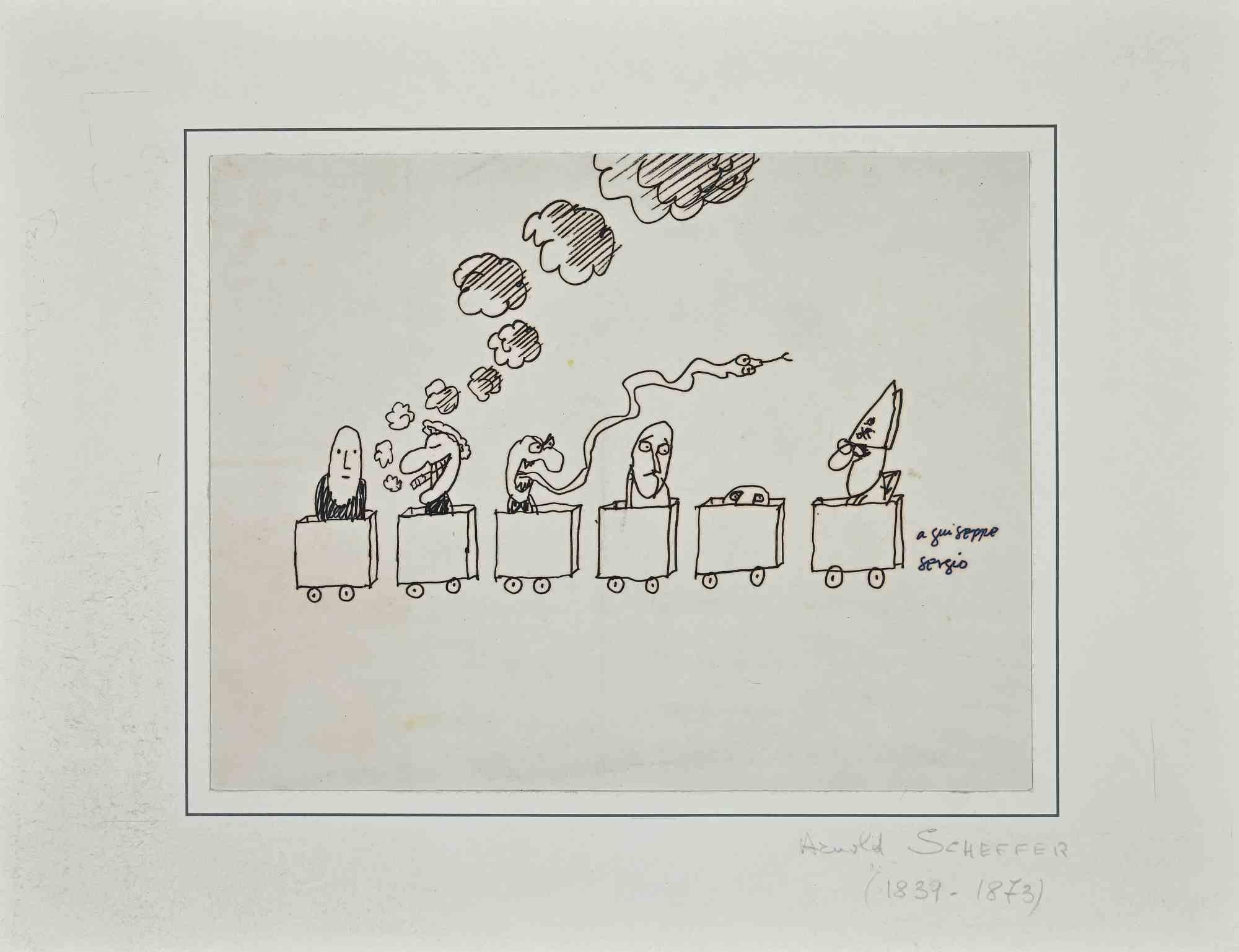 The Train is an original China Ink Drawing realized by Sergio Barletta in 1980s.

Good Condition included a white passpartout (2x35 cm).

No signature.

Sergio Barletta is a cartoonist and illustrator Italian, born in Bologna on 1934. Makes his