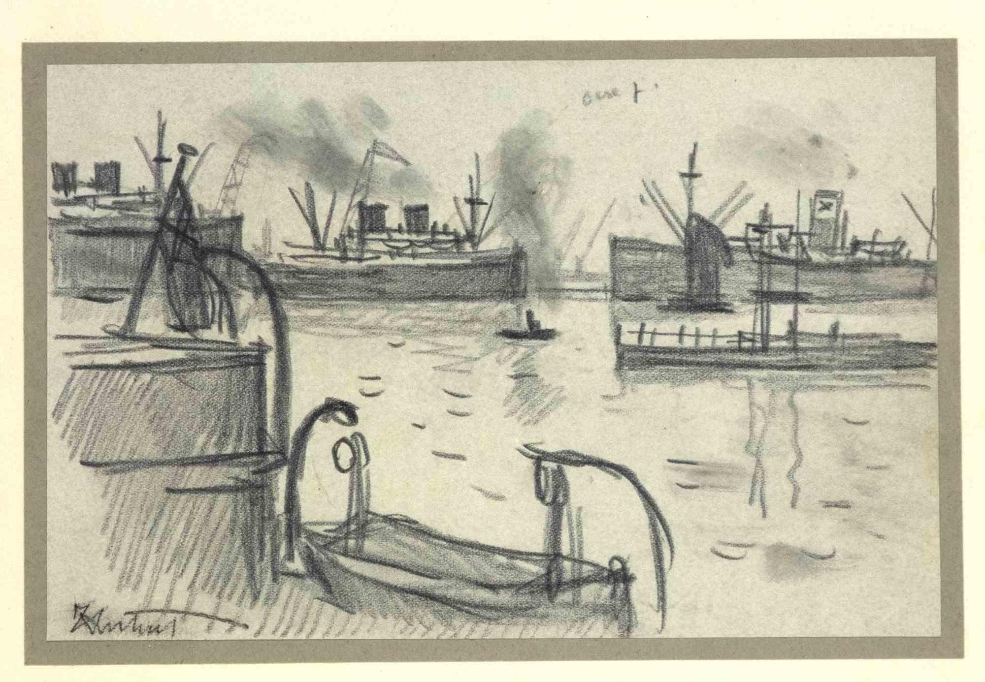 Robert Louis Antral Landscape Art - The Harbor in London -  Drawing by R. L. Antral - Early 20th Century