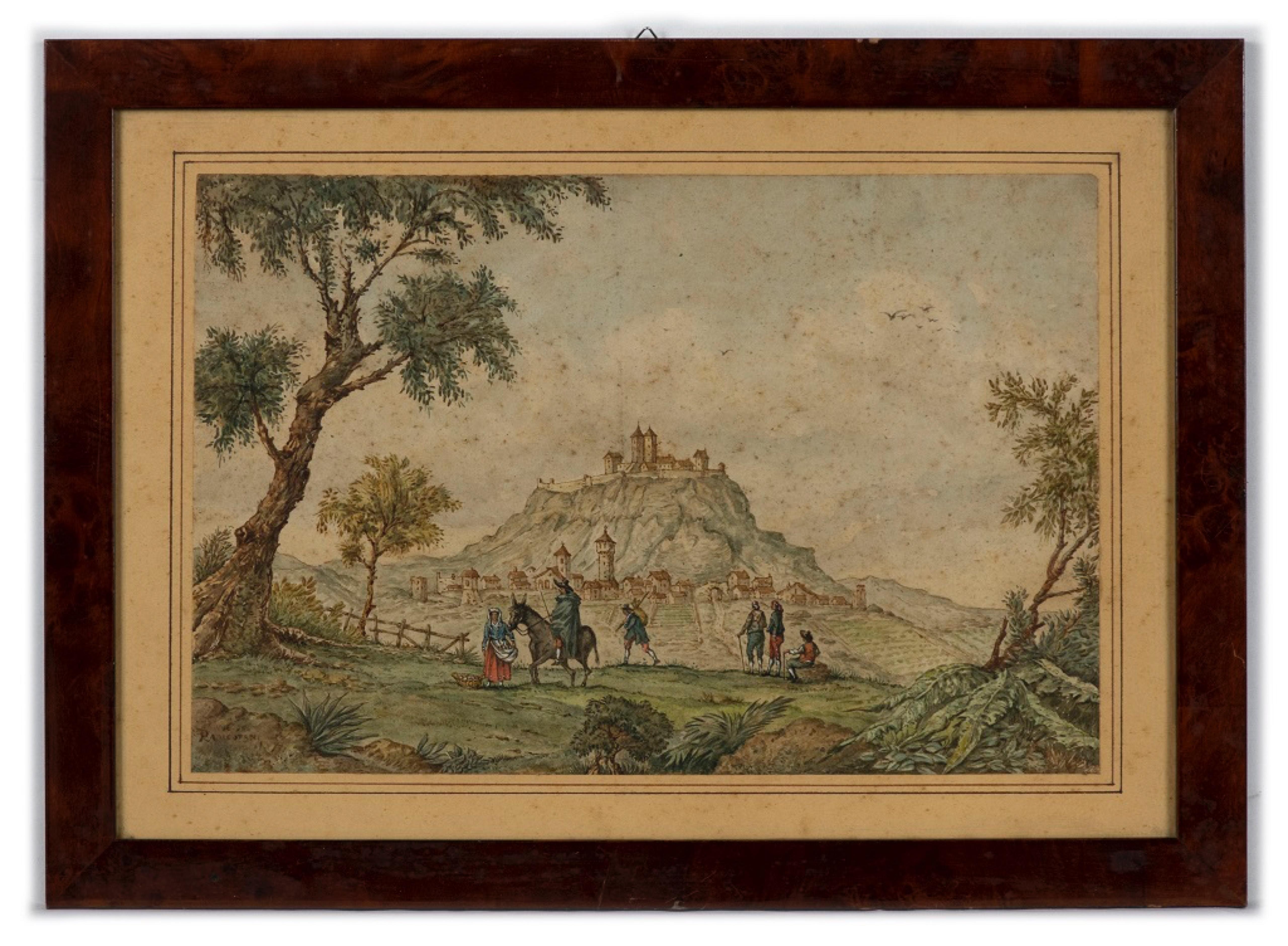Unknown Landscape Art – Radicofani- Tinte und Aquarellfarben  19. Jahrhunderts –