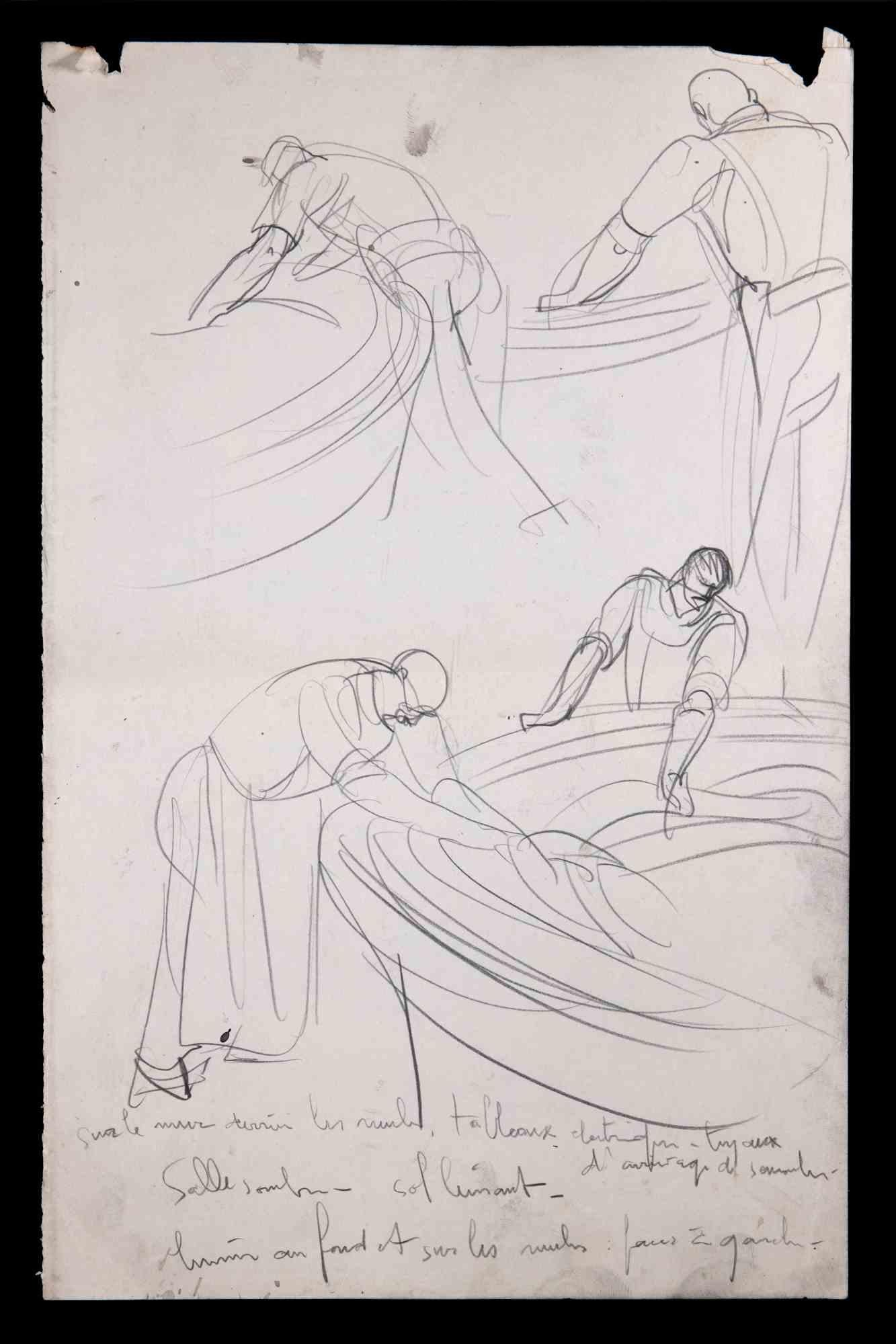 Sketches of Workers - dessin original d'un inconnu - milieu du XXe siècle
