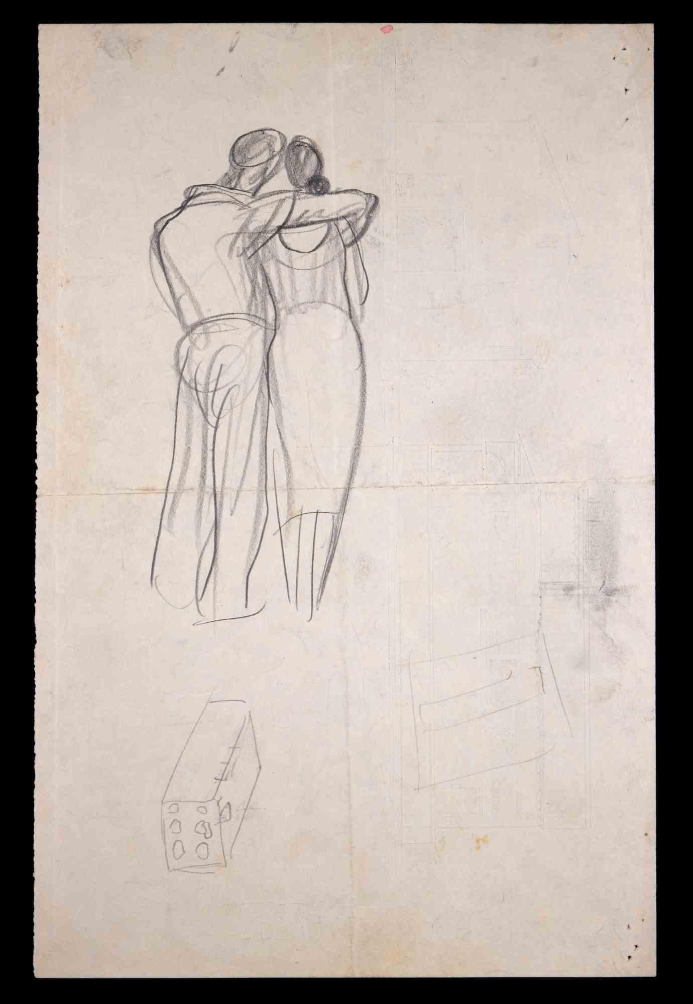 Couple Sketches - dessin original d'un inconnu - milieu du 20ème siècle