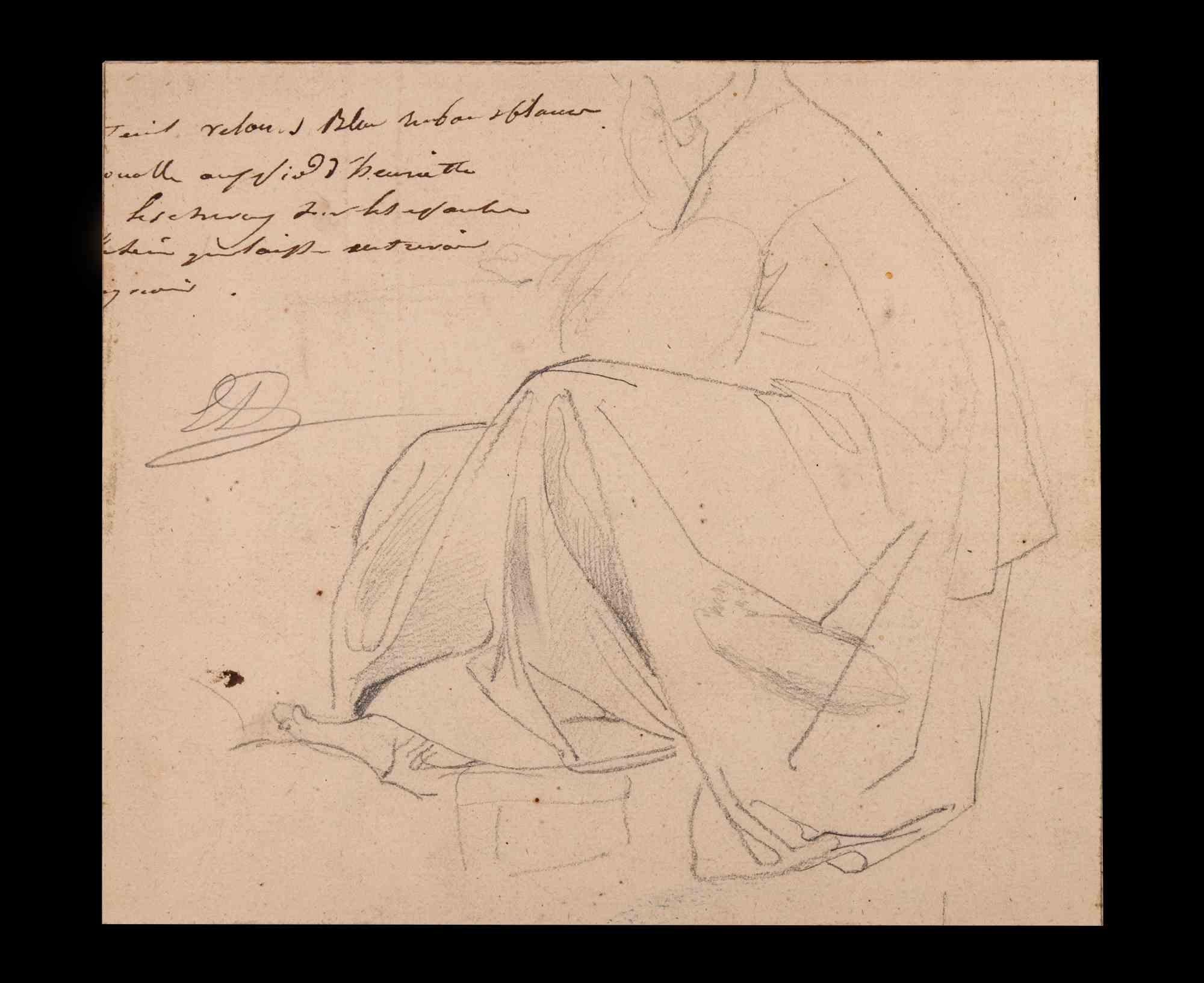 Sitzende Figur - Original  Zeichnung – Mitte des 19. Jahrhunderts