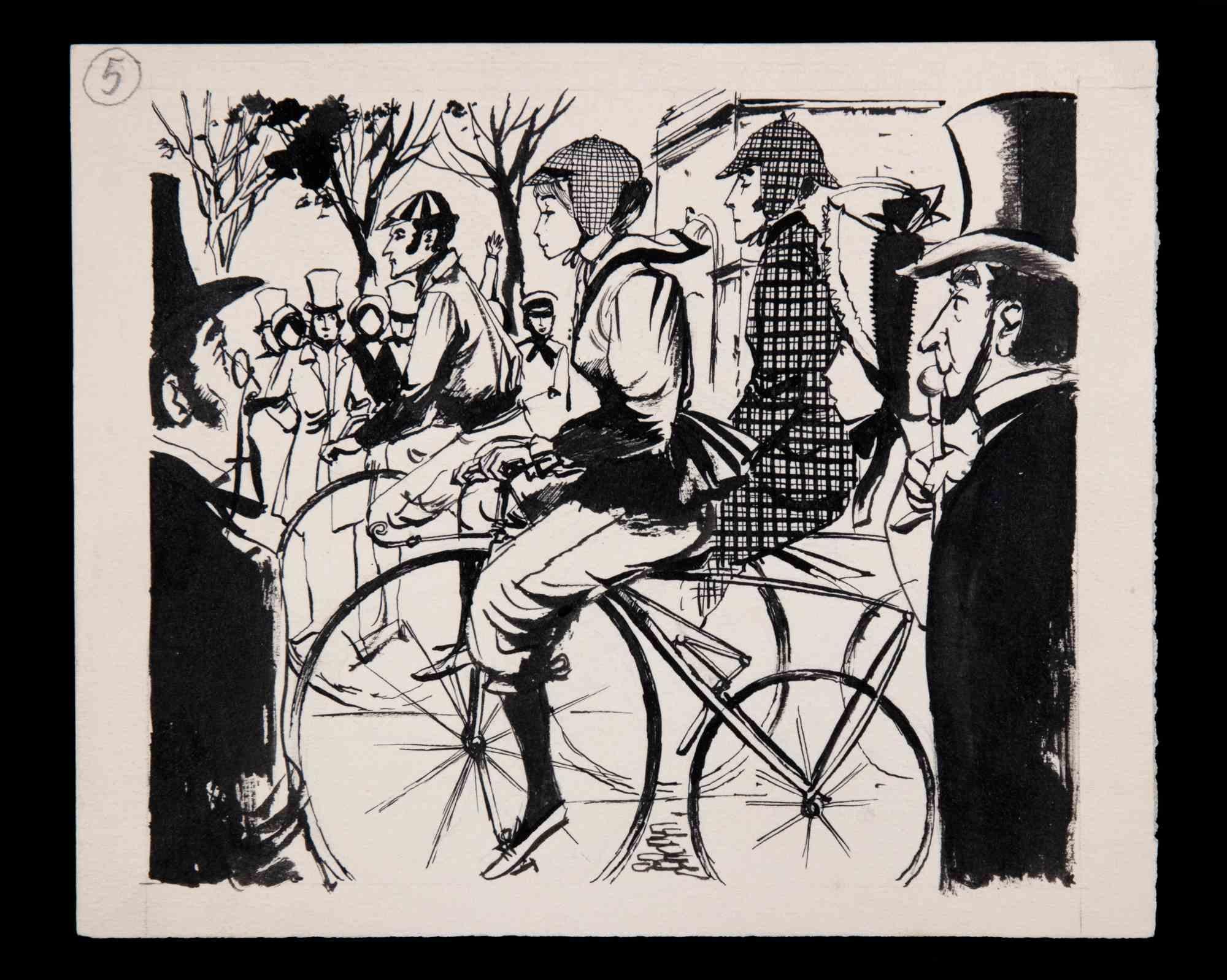 Bike People is an original China Ink Drawing realized by Norbert Meyre.

The little artwork on a yellowed paper is in good condition.

No Signature.

Norbert Meyre is a French Illustrator of 20th century.

