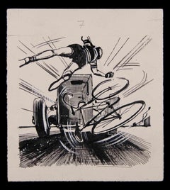 Vintage Bicycle Man Accident - Original Drawing by Norbert Meyre - Mid-20th Century