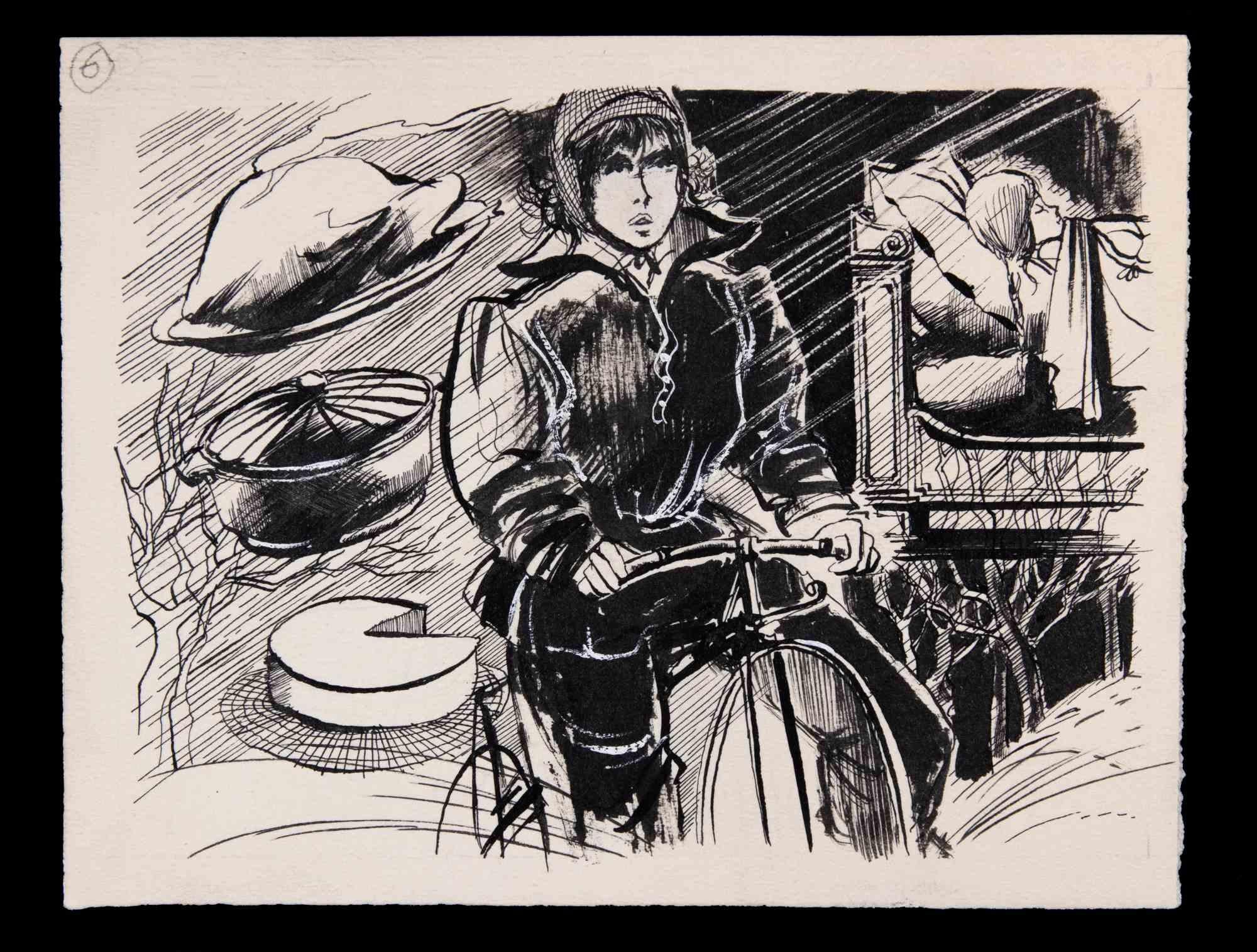 Fahrradfrau – Zeichnung von Norbert Meyre – Mitte des 20. Jahrhunderts