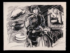 Femme à vélo - Dessin de Norbert Meyre - Milieu du 20e siècle