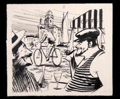 Vintage Bike Man - Drawing by Norbert Meyre - Mid-20th Century