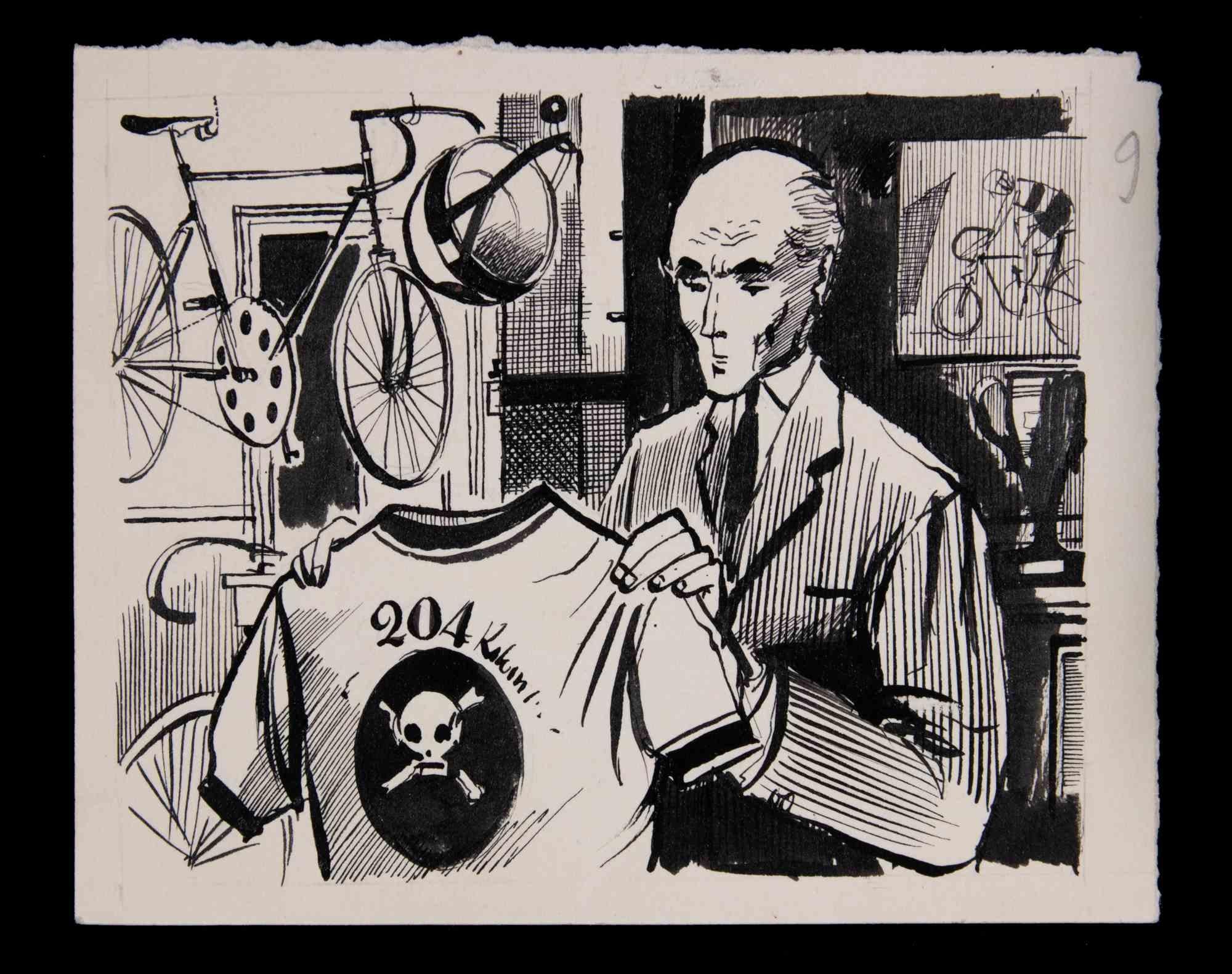 Mann mit T-Shirt – Zeichnung von Norbert Meyre – Mitte des 20. Jahrhunderts