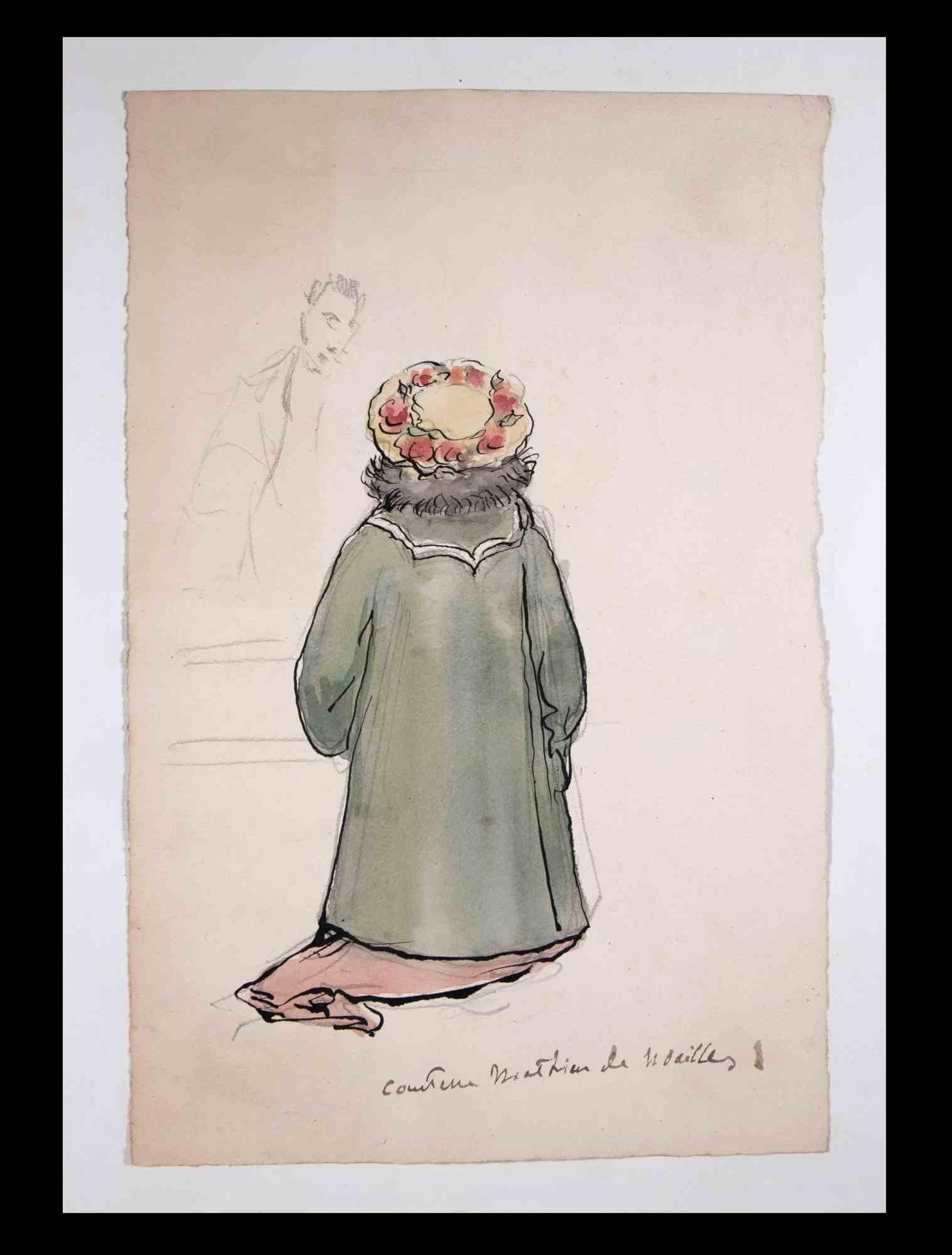 La Contesse de Noailles - dessin original d'un inconnu - début du XXe siècle