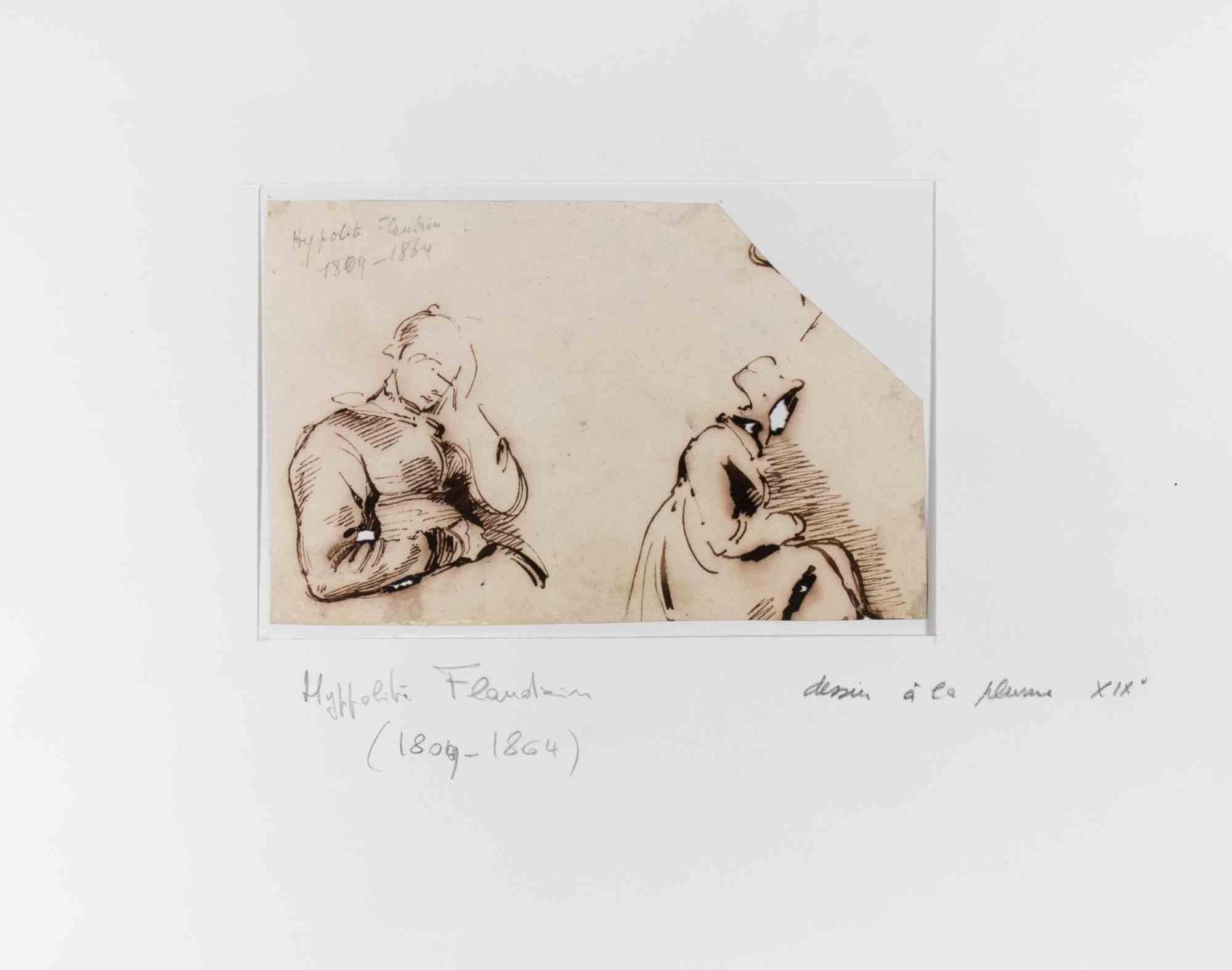 Deux figures est un dessin original à l'encre de Chine réalisé par Jean-Hyppolyte Flandrin.

La petite œuvre d'art a un coin manquant.

Signature au crayon, inclus un passe-partout en carton blanc (35x51 cm).

Jean-Hippolyte Flandrin (23 mars 1809 -