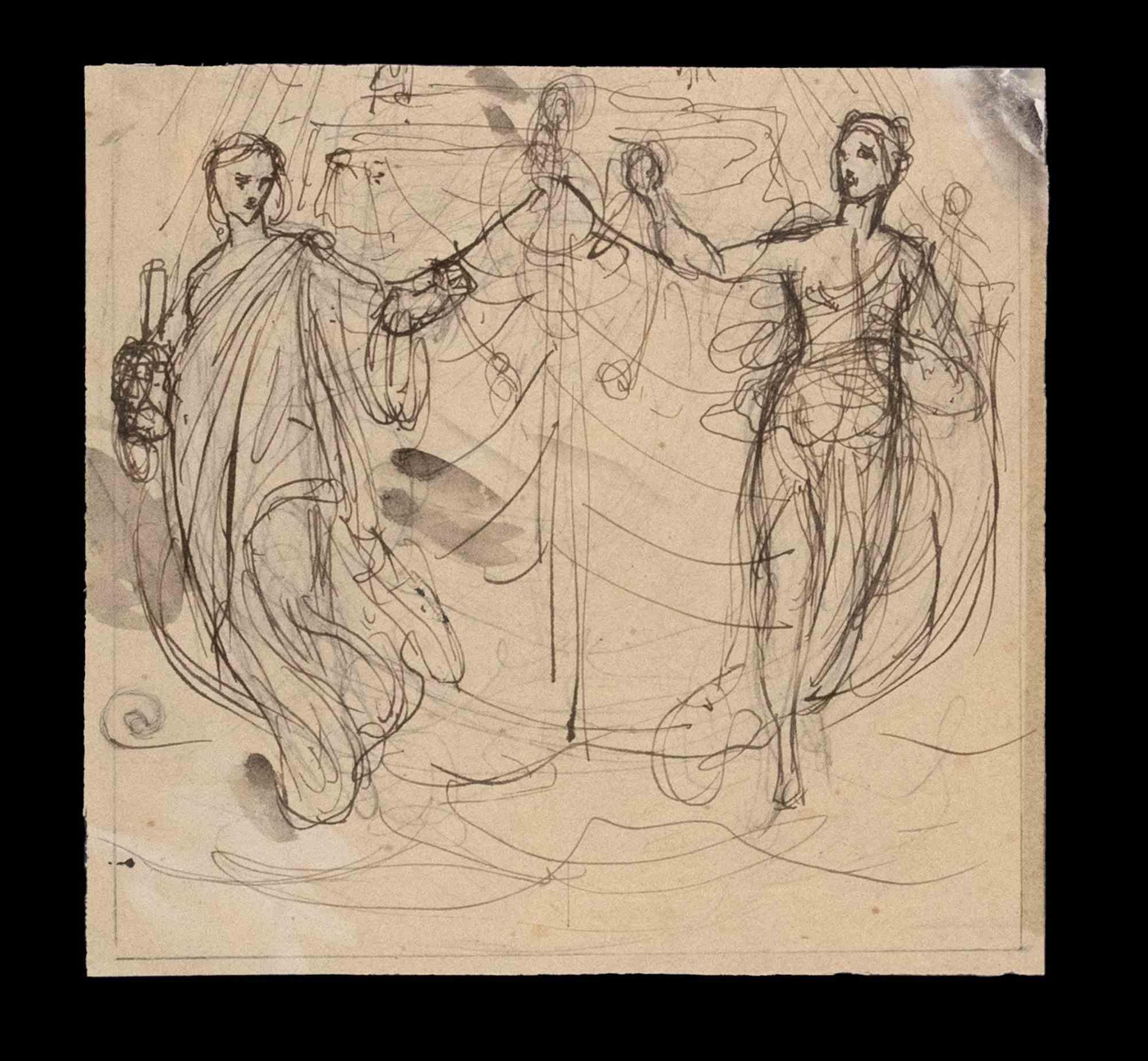 Deux figures dansantes est un dessin original, plume et encre brune, touches de lavis, réalisé par Jean-Baptiste Aguste Leloir.

Bon état, inclus un grand passe-partout en carton bleu (50x32,5 cm).

Pas de signature sur la petite œuvre