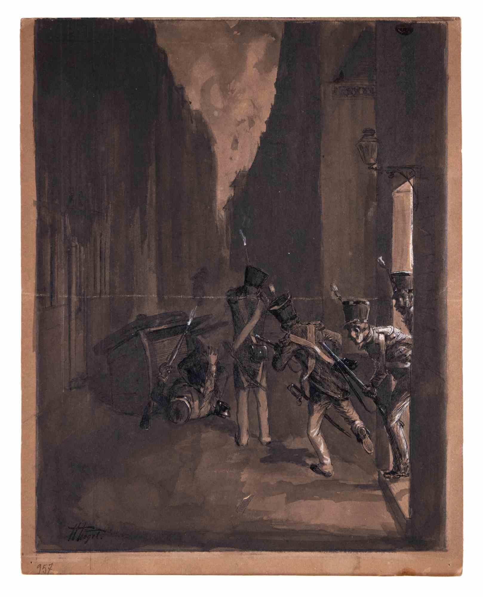 Des soldats - dessin original d'Herman Vogel - XIXe siècle