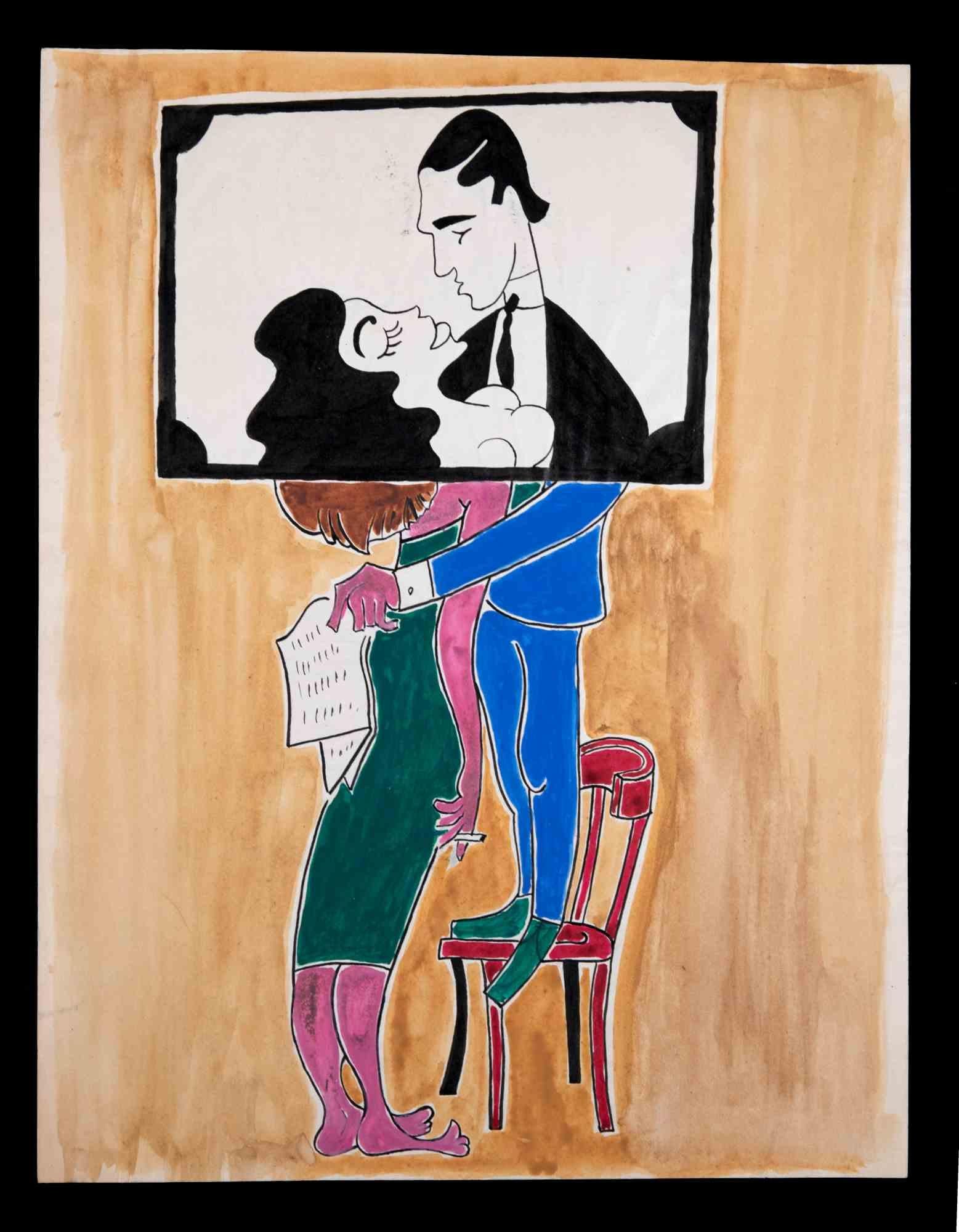Ein Ehepaar - Originalzeichnung von Gérard Lauzier  - Mitte des 20. Jahrhunderts