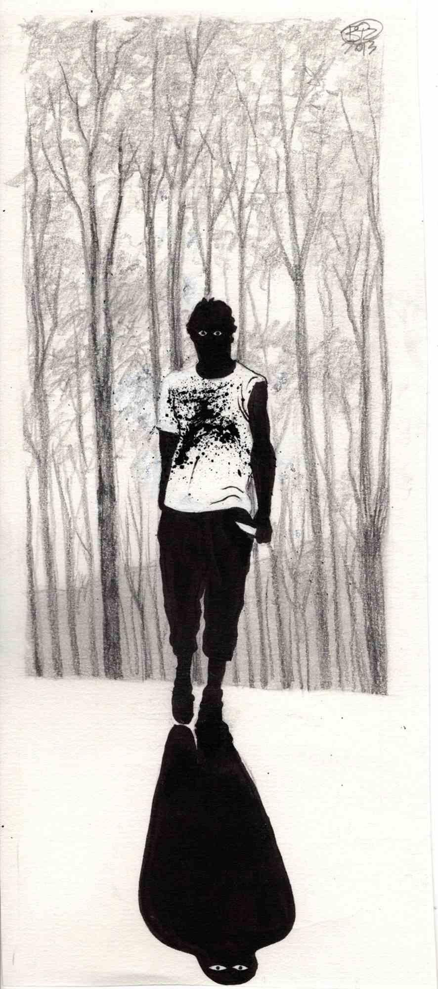 This work entitled "Murderer in the woods" was realized by Vincenzo Bizzarri in 2013 with ink and pencil on rough paper 200gr (21x9cm). It is part of a series of illustrations made for a storybook. The condition of the work is good and may have