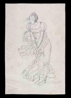 Antique Young Lady - Original Drawing by Aristodemo Costoli - Mid-19th Century