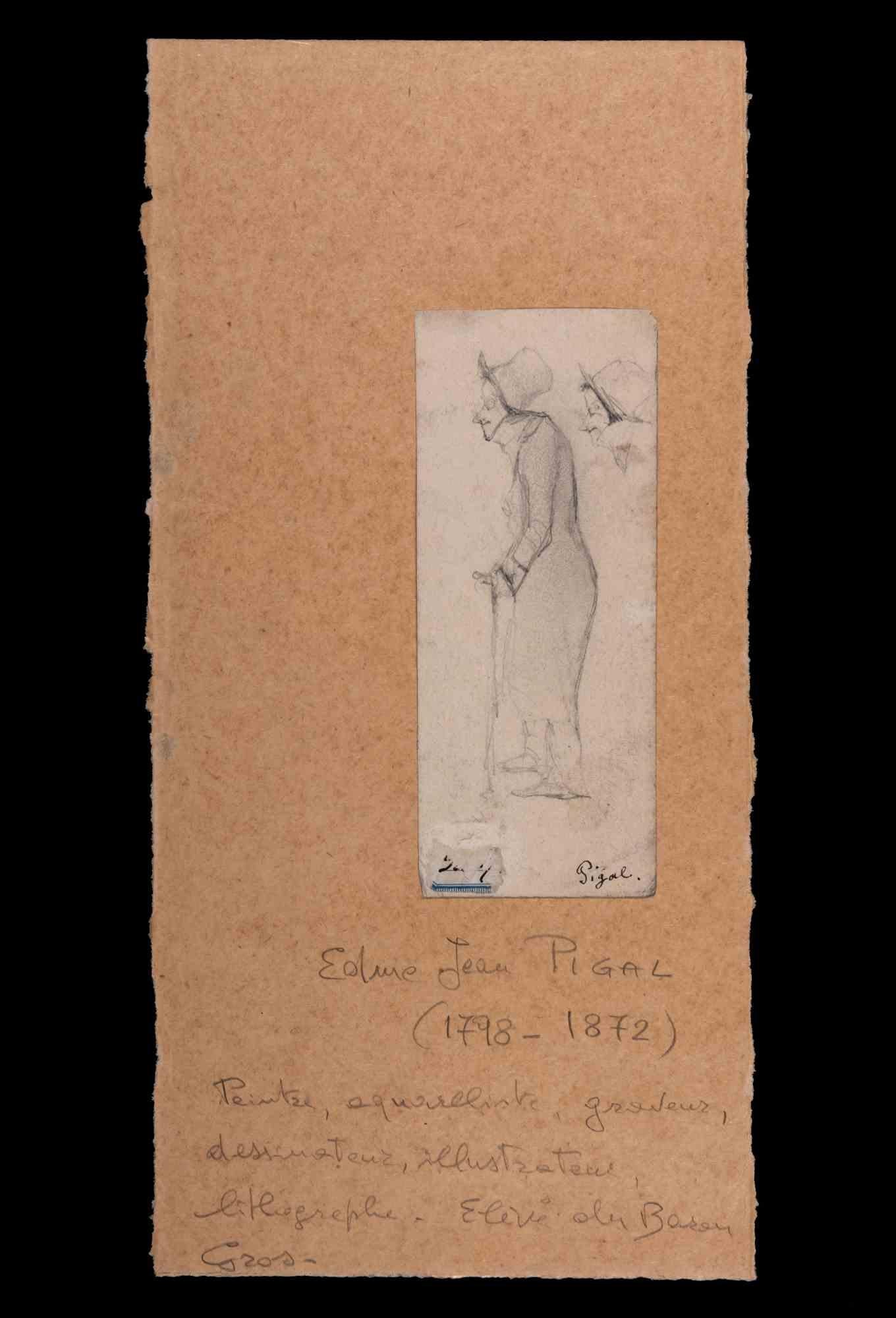 Figurative Art Edmé Jean Pigal  - Old Lady - Drawing original d'Edm Jean Pigal -19ème siècle
