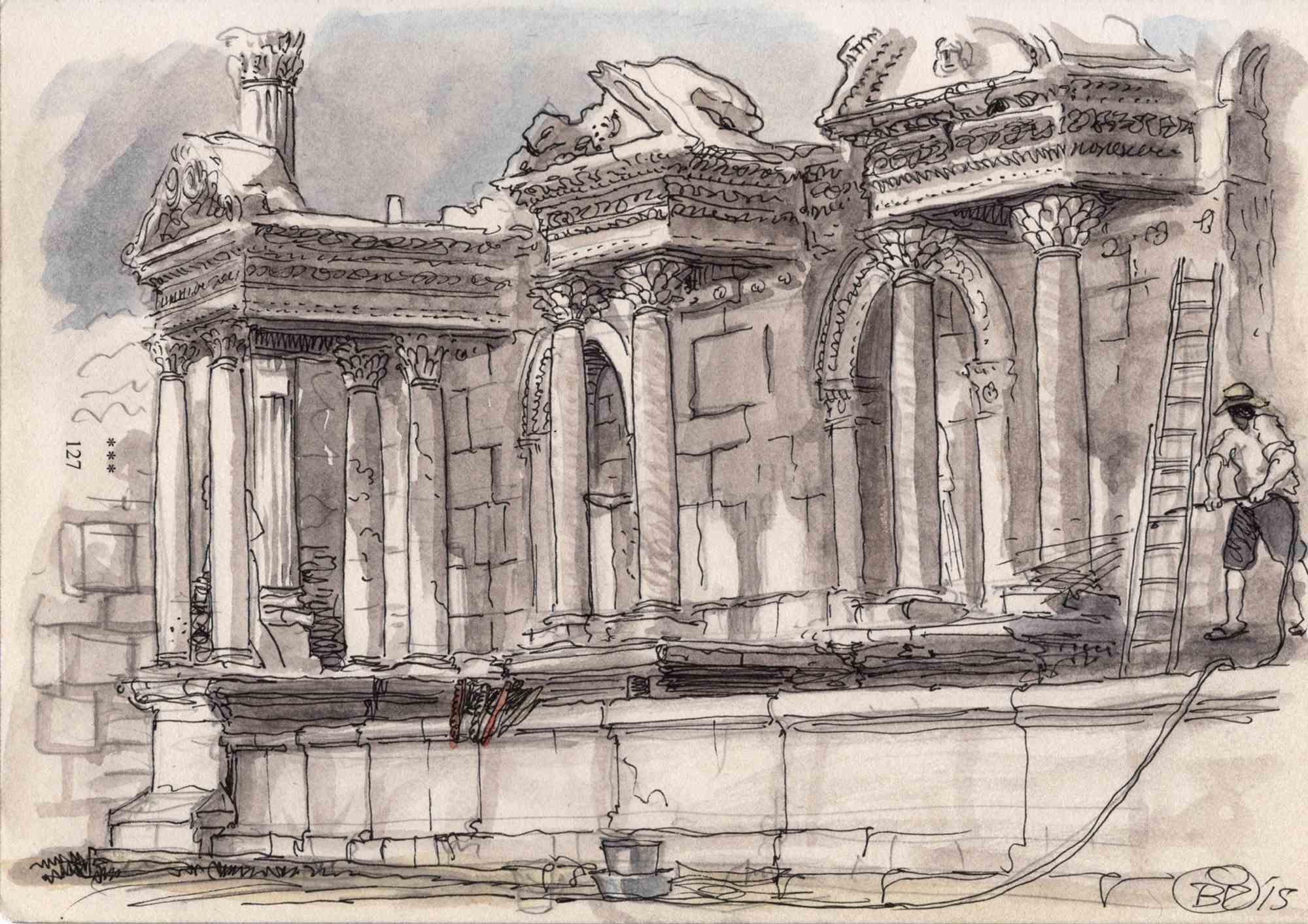 This work entitled "Sagalassos Funtain" was made by Vincenzo Bizzarri in 2016 with ink and watercolor on rough notebook paper 200gr (21x14,8cm). It is part of a series of illustrations made "en plein air" during a visit to the archaeological site of