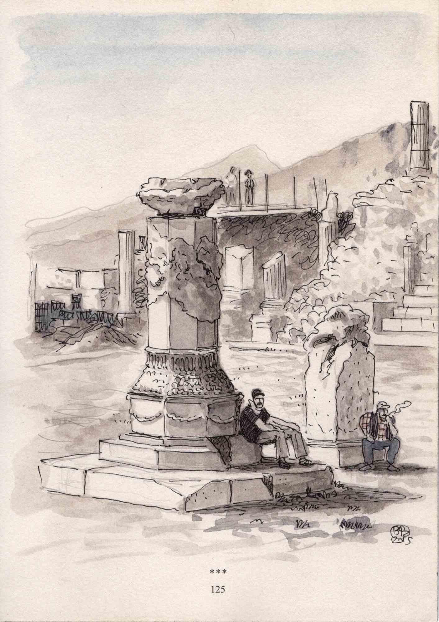 Dieses Werk mit dem Titel "Sagalassos Upper Agora" wurde von Vincenzo Bizzarri im Jahr 2016 mit Tusche und Aquarell auf rauem Notizbuchpapier 200gr (21x14,8cm) geschaffen. Es ist Teil einer Serie von Illustrationen, die während eines Besuchs der