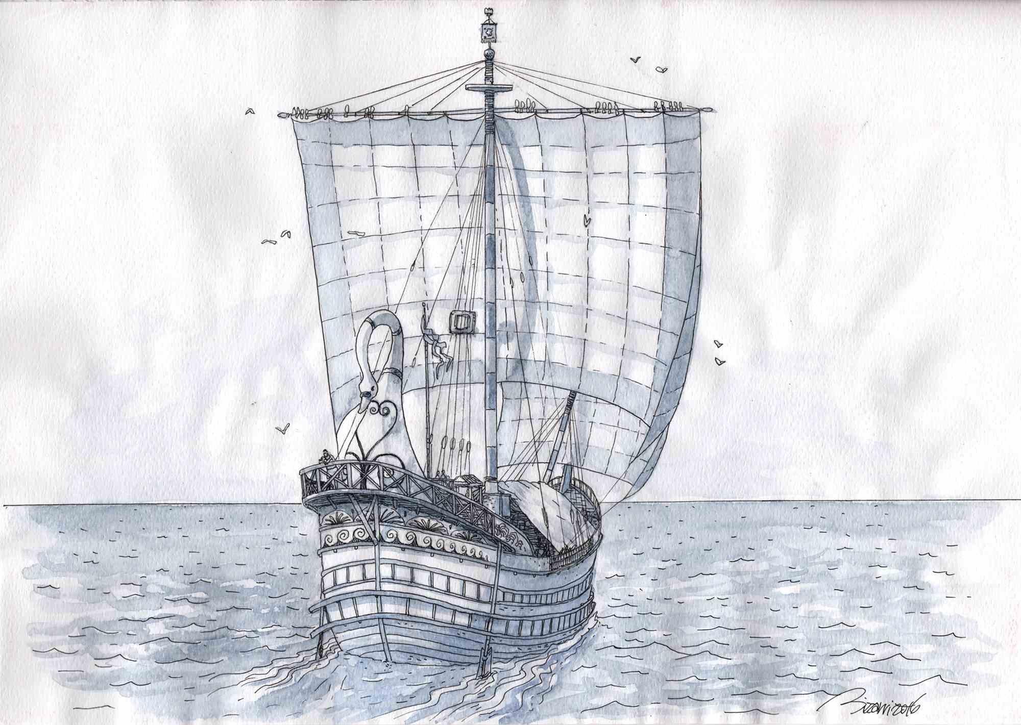 Dieses Werk mit dem Titel "Römisches Handelsschiff" wurde von Vincenzo Bizzarri im Jahr 2016 mit Tusche und Aquarell auf rauem Papier 150gr (23,3x33 cm) geschaffen. Es gehört zu einer Reihe von Illustrationen, die von der Oberaufsichtsbehörde von