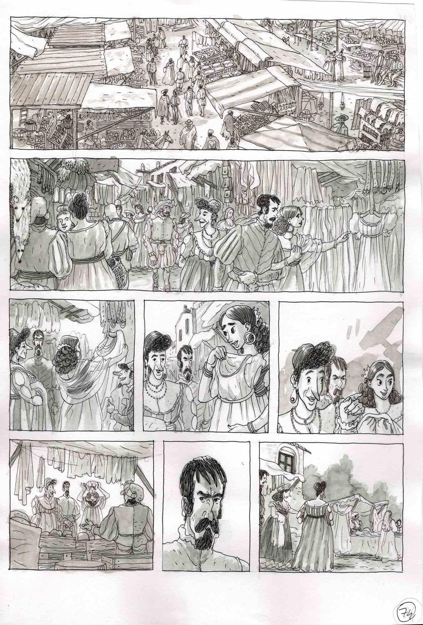 This work entitled "Market day in the Kingdom of Naples" is a board of the graphic novel published in 2016 by Kleiner Flug in Italy "Benvenuto Cellini". The work was done by Vincenzo Bizzarri in 2015 with ink and watercolor on 200gr paper (33x24cm).