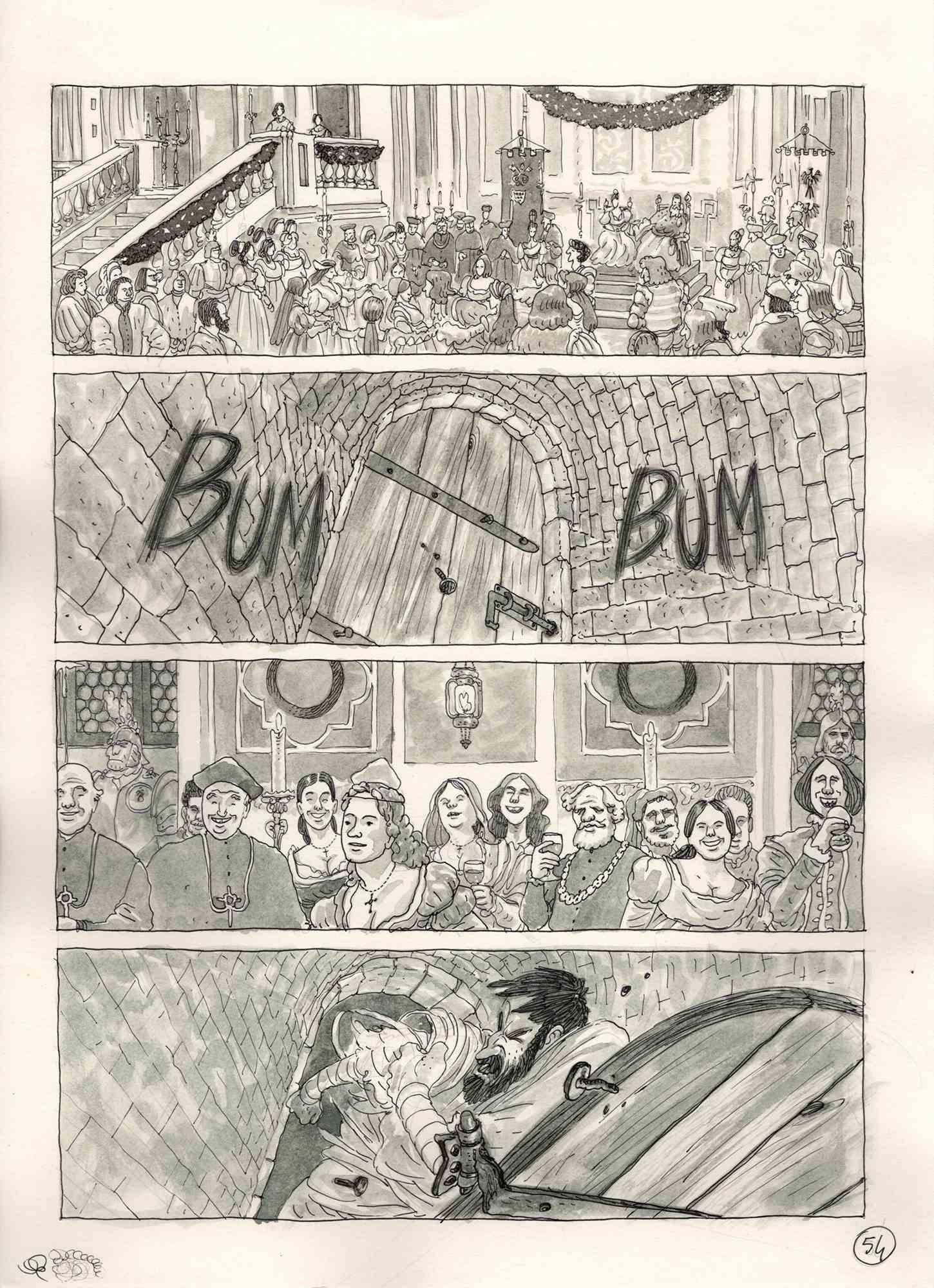 This work entitled "Party at the court of Pope Paul III" is a board of the graphic novel published in 2016 by Kleiner Flug in Italy "Benvenuto Cellini". The work was done by Vincenzo Bizzarri in 2015 with ink and watercolor on 200gr paper (33x24cm).