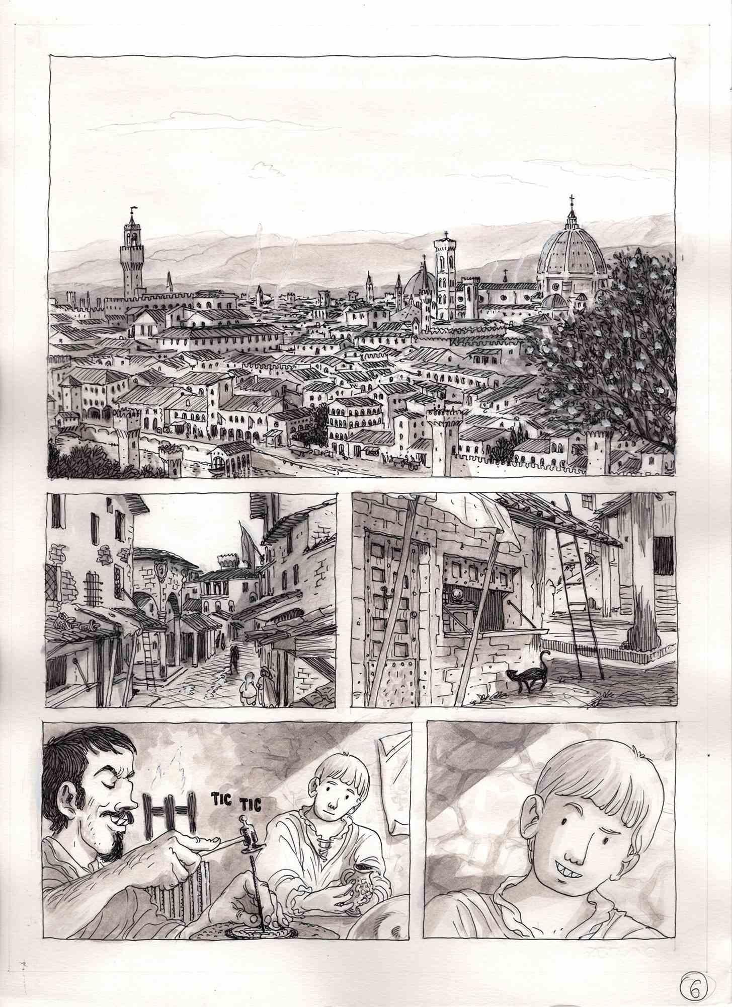 Cette œuvre intitulée "Une journée à Florence" est une table du roman graphique publié en 2016 par Kleiner Flug en Italie "Benvenuto Cellini". L'œuvre a été réalisée par Vincenzo Bizzarri en 2015 à l'encre et à l'aquarelle sur papier 200gr