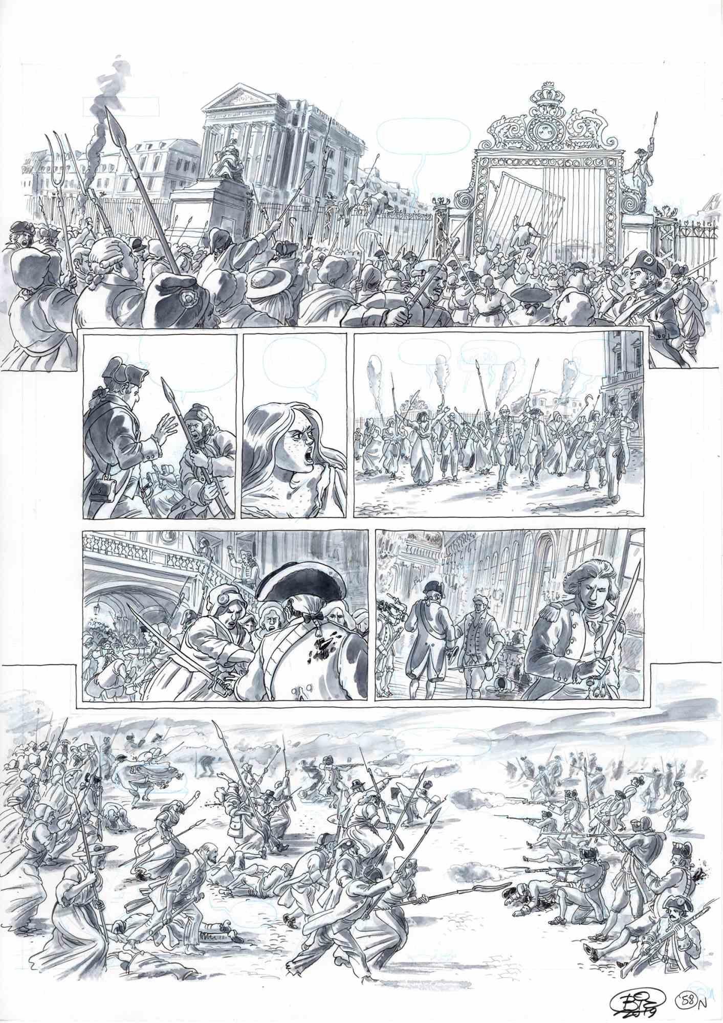 This work entitled "Conquest of Versailles" is a comic board belonging to the graphic novel published by Glènat Edition in 2019 "1789 - La naissance d'un monde". The work was made by Vincenzo Bizzarri between 2018 and 2019, total work duration of