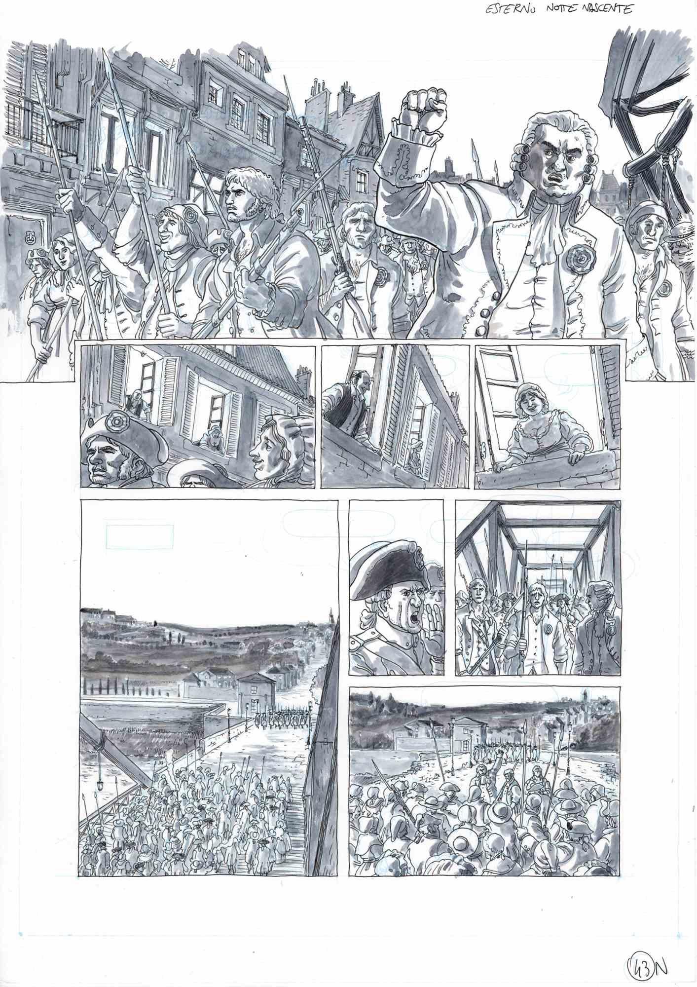 This work entitled "The bridge of discord" is a comic board belonging to the graphic novel published by Glènat Edition in 2019 "1789 - La naissance d'un monde". The work was made by Vincenzo Bizzarri between 2018 and 2019, total work duration of the