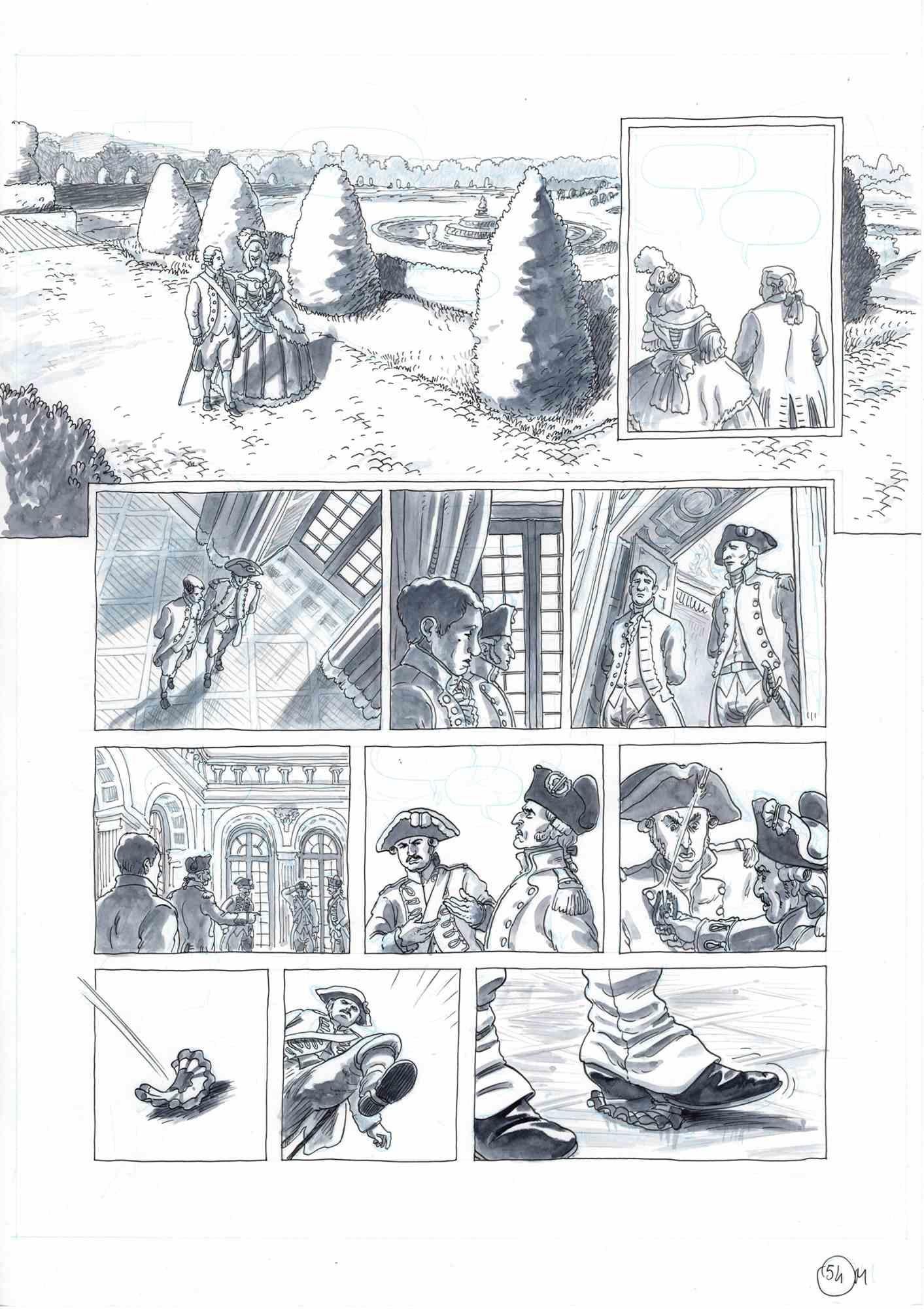 This work entitled "Revolution rejected" is a comic board belonging to the graphic novel published by Glènat Edition in 2019 "1789 - La mort d'un monde". The work was made by Vincenzo Bizzarri between 2018 and 2019, total work duration of the entire