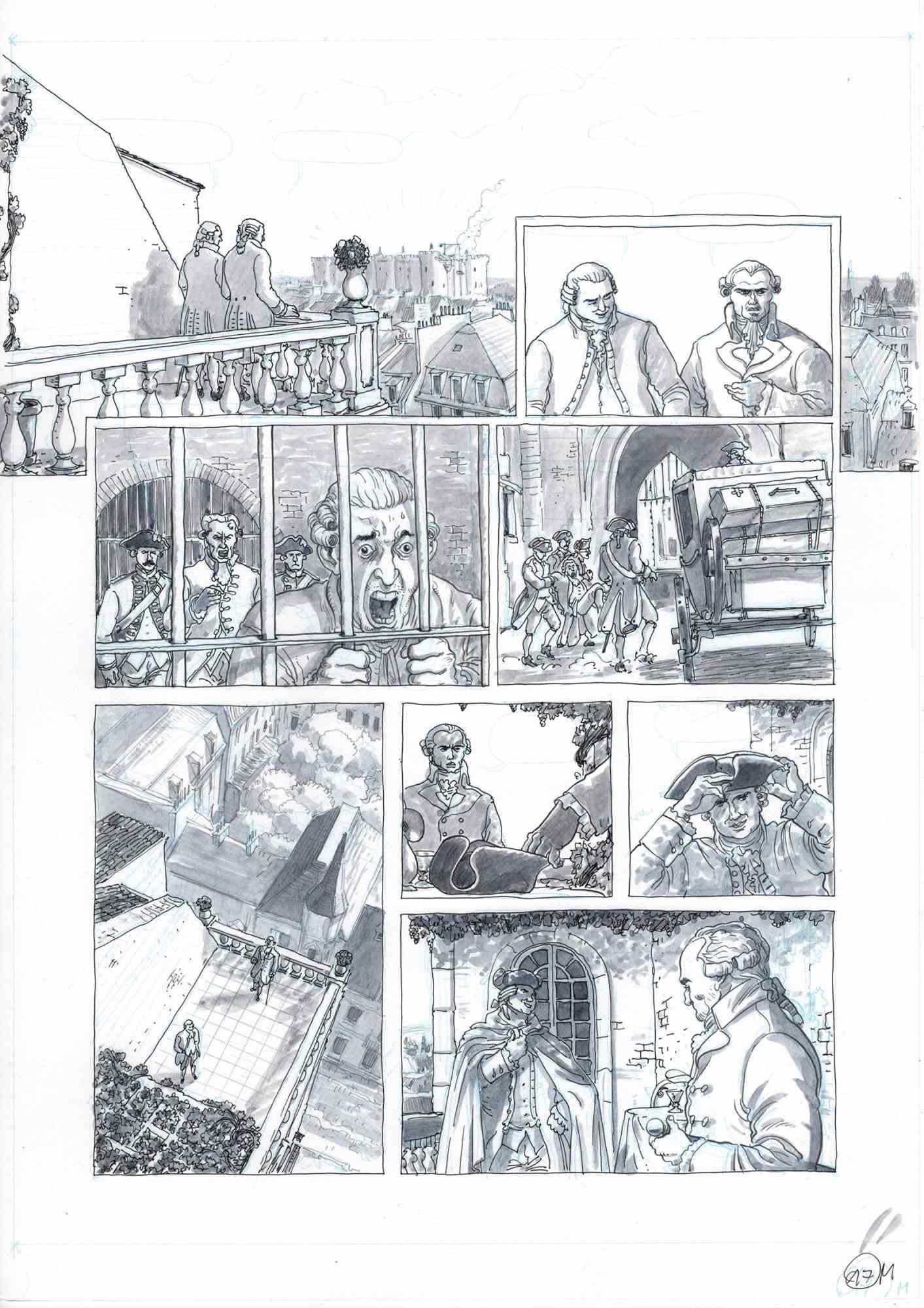 This work entitled "Beaumarchais speaks about Bastille" is a comic board belonging to the graphic novel published by Glènat Edition in 2019 "1789 - La mort d'un monde". The work was made by Vincenzo Bizzarri between 2018 and 2019, total work