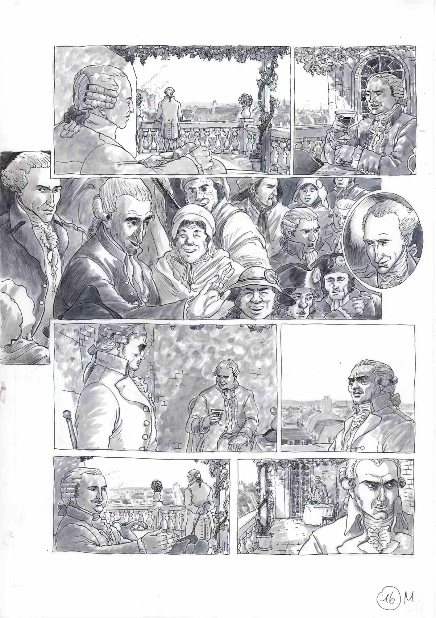 This work entitled "Beaumarchais speaks about Bailly" is a comic board belonging to the graphic novel published by Glènat Edition in 2019 "1789 - La mort d'un monde". The work was made by Vincenzo Bizzarri between 2018 and 2019, total work duration