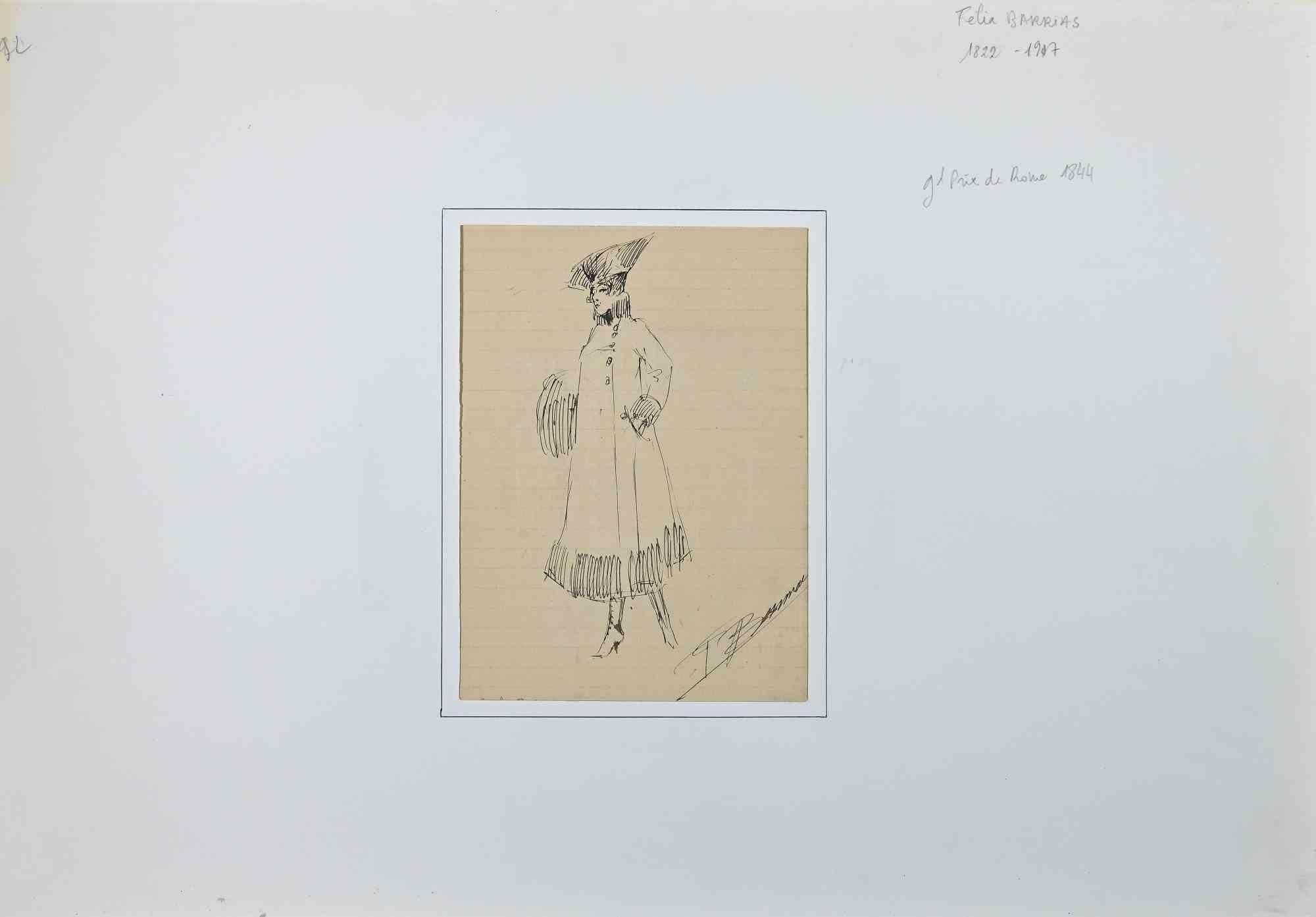Figure of a Woman - Original Drawing By F. Barrias - 19th Century