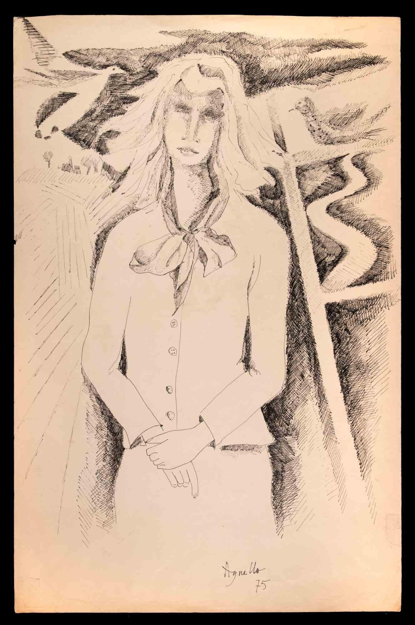 Woman is an Original Pen Drawing realized by Dominique Agnello in 1975.

The artwork is in good condition on a yellowed paper.

Hand-signed and dated by the artist on the lower margin.

Dominique Agnello born in 1921, is a peinter in Tunis, expose