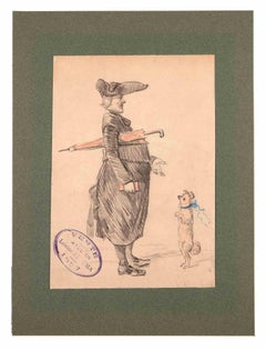 Old Lady with Dog - Original Drawing by Louise Abbéma - 1927