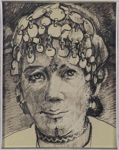 Porträt einer marokkanischen Frau – Originalzeichnung von Helen Vogt – Mitte des 20. Jahrhunderts