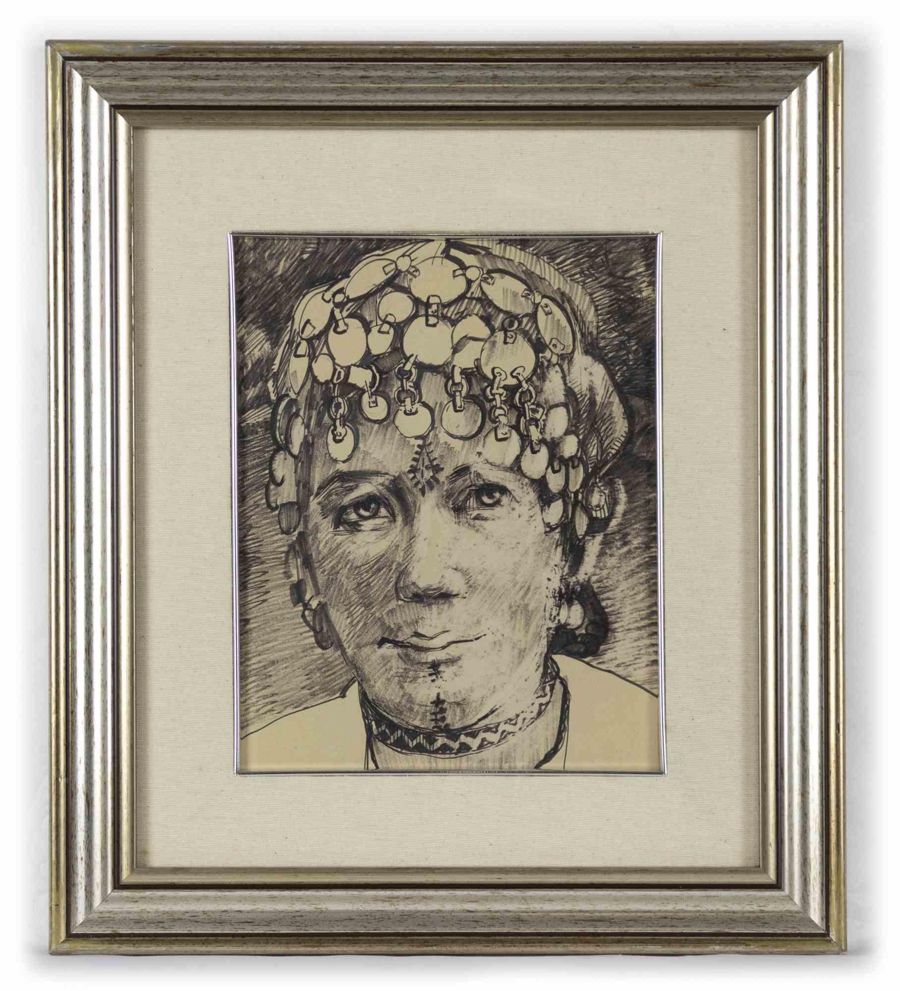 Portrait of Moroccan Woman - Original Drawing by Helen Vogt - Mid-20th Century For Sale 1