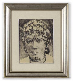Portrait of Moroccan Woman - Original Drawing by Helen Vogt - Mid-20th Century