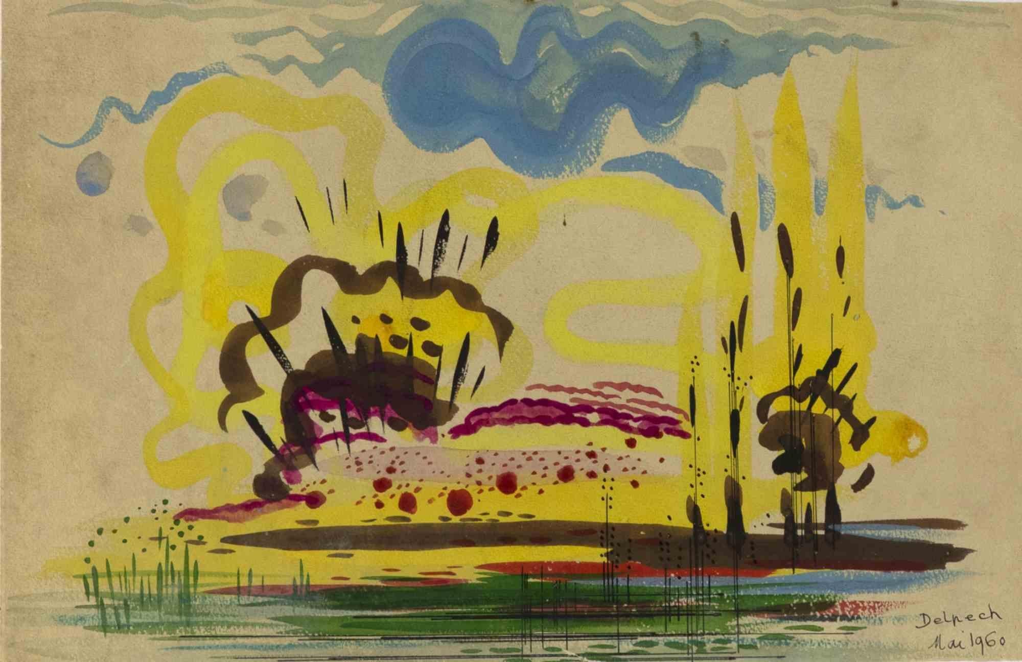 Explosion de couleursest un dessin original à l'aquarelle sur papier, réalisé par Jean Delpech (1916-1988) en 1960.

Signé à la main et daté dans la marge inférieure droite.

Cadre inclus : 38,5 x 1 x 54 cm

Jean-Raymond Delpech (1988-1916) est un