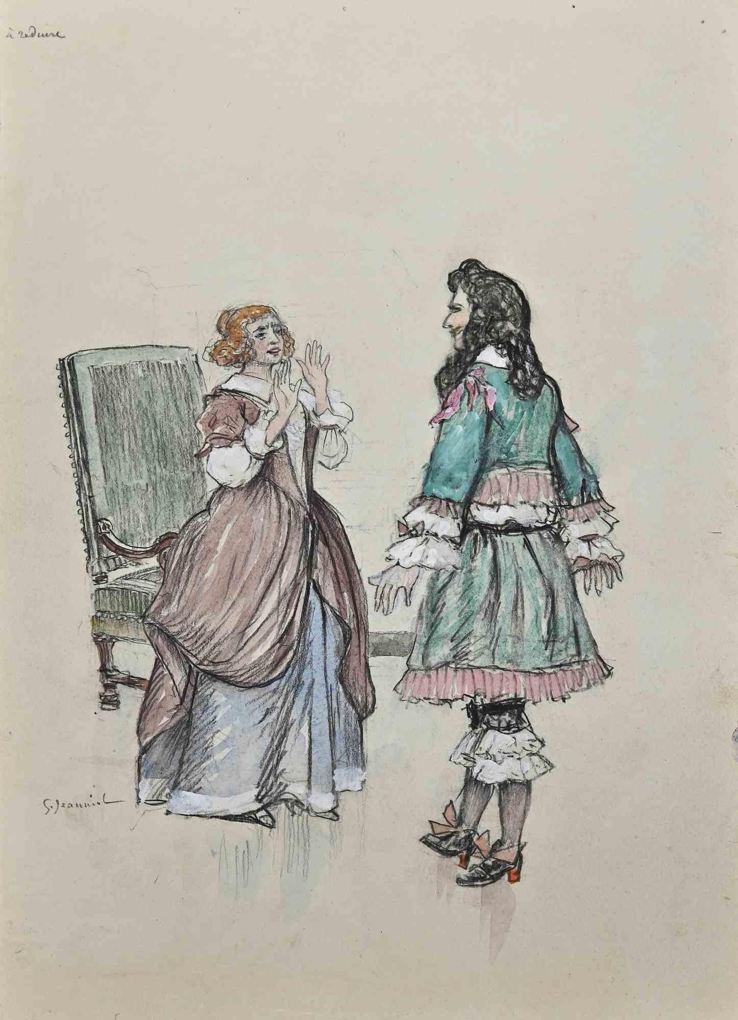 Frau und Mann – Zeichnung von G. Jeanniot – Zeichnung des späten 19. Jahrhunderts – Art von Pierre Georges Jeanniot