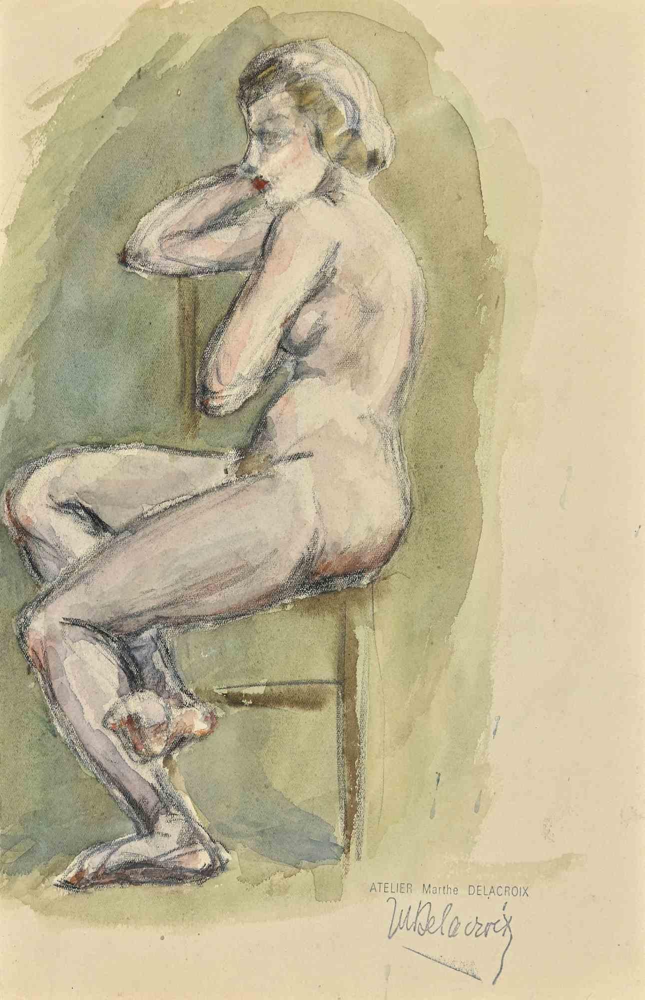 Il Nudo in posa è un disegno originale realizzato da Marthe Delacroix.

Acquerello e matita su carta.

Buone condizioni.

I tratti delicati e belli formano l'opera d'arte in modo armonioso. La maestria dell'artista è rappresentata dalla struttura