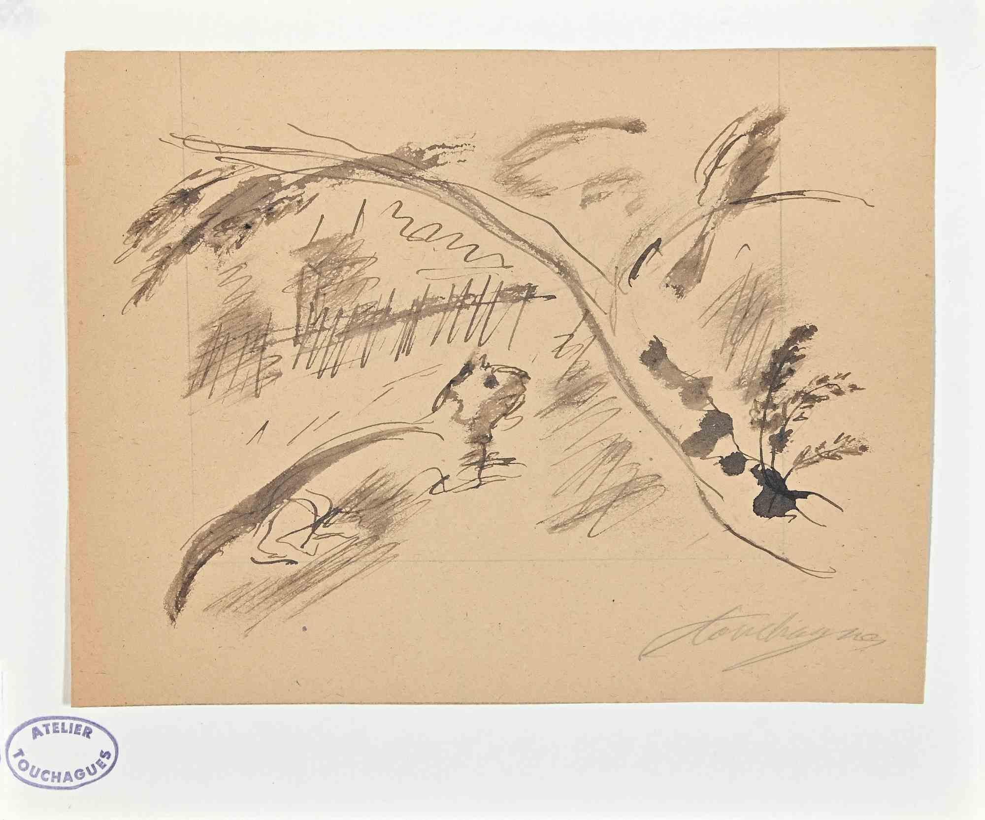 Der Baum und die Katze ist eine Originalzeichnung, die von Louis Touchagues Mitte des 20. Jahrhunderts auf ein weißes Passepartout aufgetragen wurde.

Zeichnung mit Tusche und Feder.

Unten vom Künstler handsigniert, unten links mit dem Stempel des