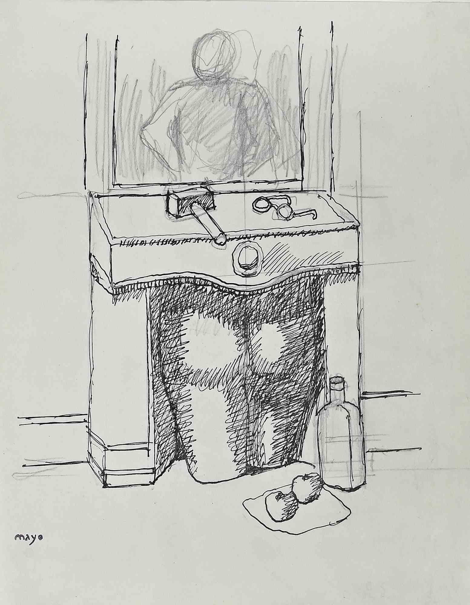 Man at Work - Drawing by Antoine Mayo - Late-20th century