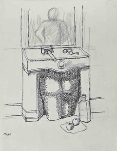 Vintage Man at Work - Drawing by Antoine Mayo - Late-20th century