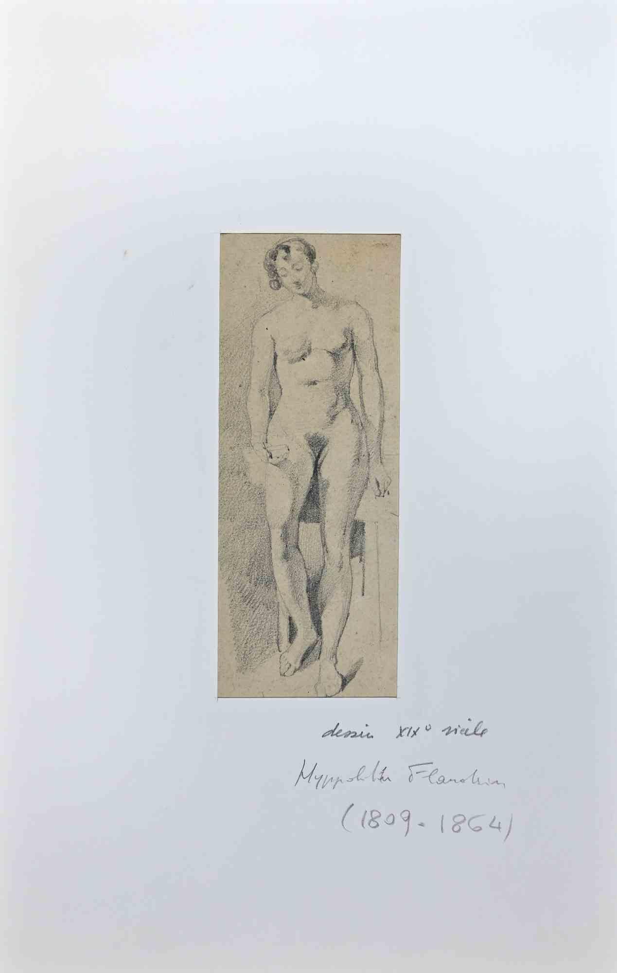 Nu de femme est un dessin original au crayon réalisé par Jean-Hyppolyte Flandrin.

La petite œuvre d'art est en bon état sur un papier jauni.

Signature au crayon au dos du dessin, inclus un passe-partout en carton blanc (33,2x21