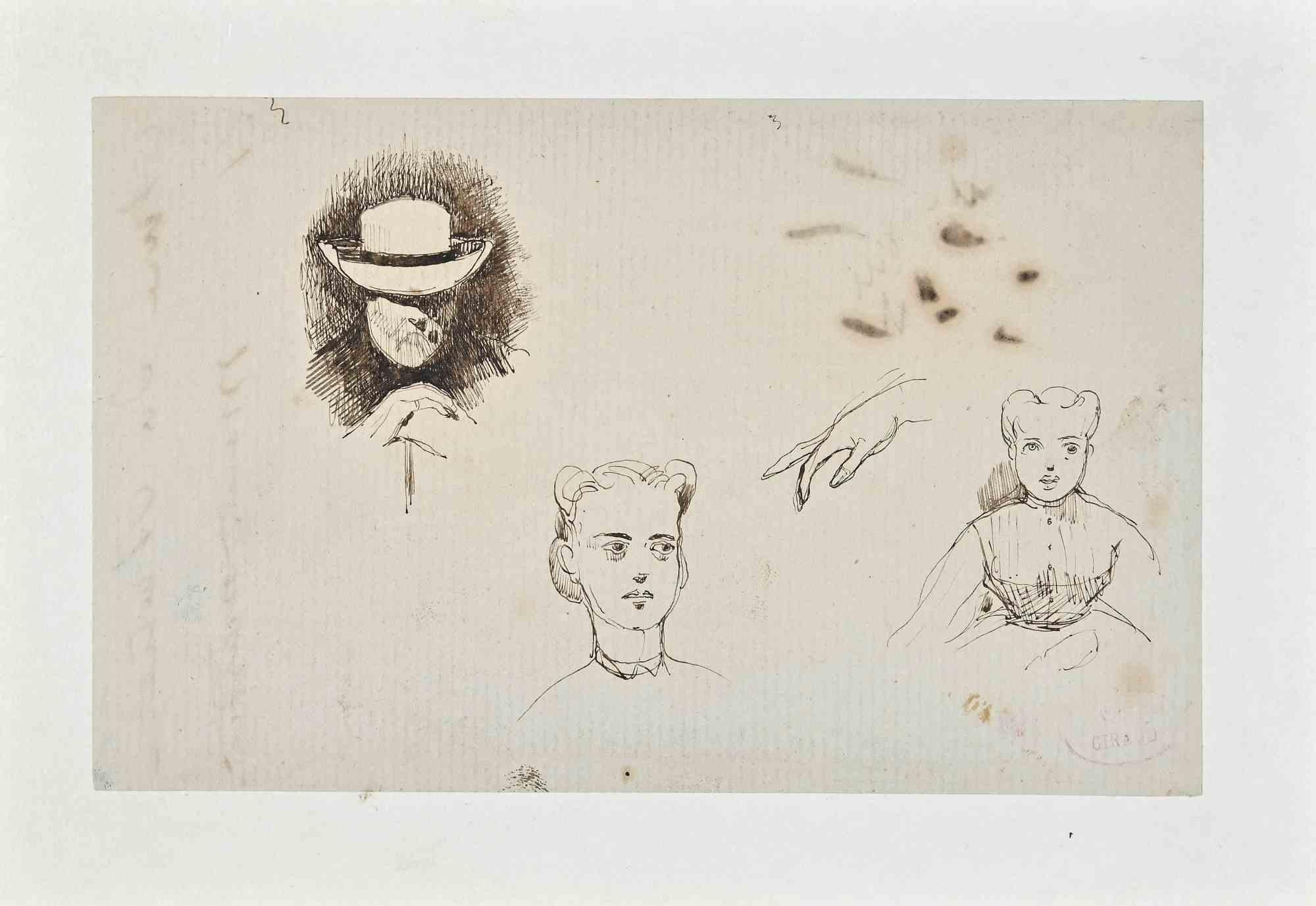 Eugène Giraud Figurative Art - The Figures - Original Drawing on Paper by E. Giraud - Mid 20th Century