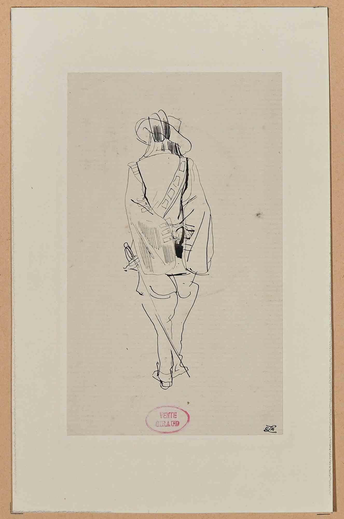 Musketeer from Behind- Drawing on Paper by E. Giraud - Late 19th Century - Art by Eugène Giraud