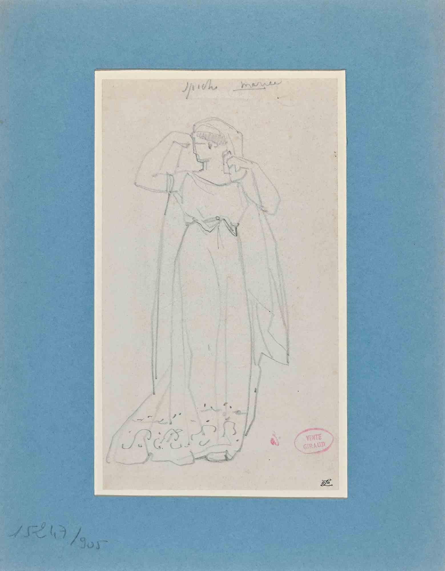 Woman- Original Drawing on Paper by E. Giraud - Late 19th Century - Art by Eugène Giraud
