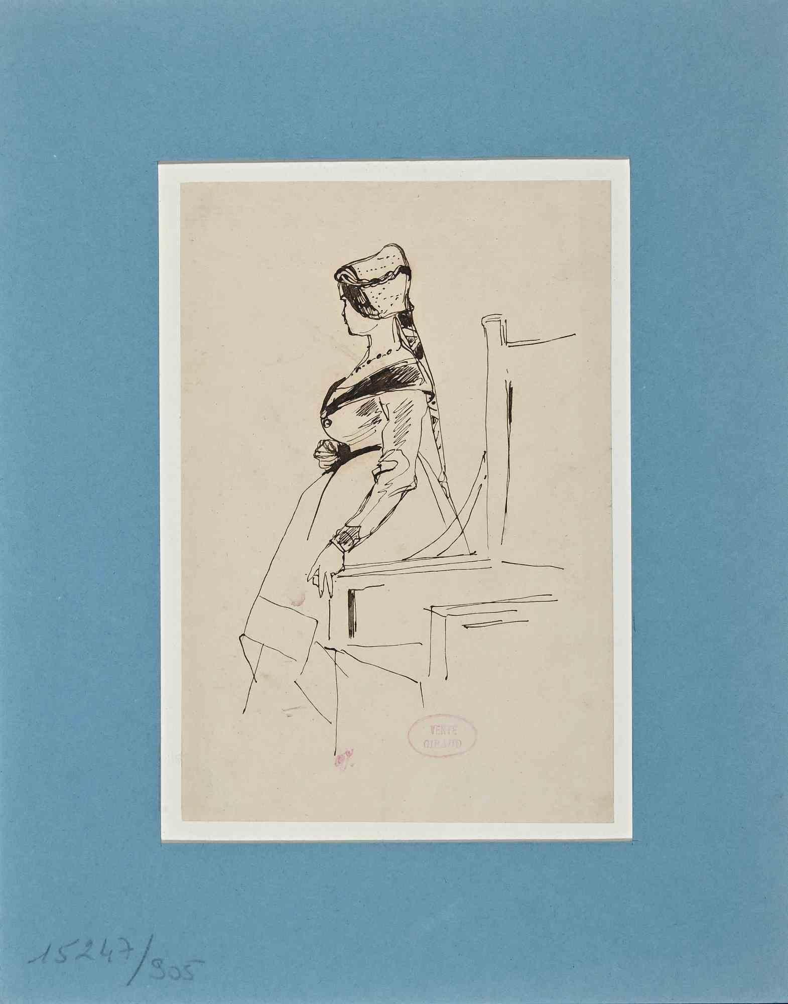 Profile of Woman - Original Drawing on Paper by E. Giraud - Late 19th Century - Art by Eugène Giraud